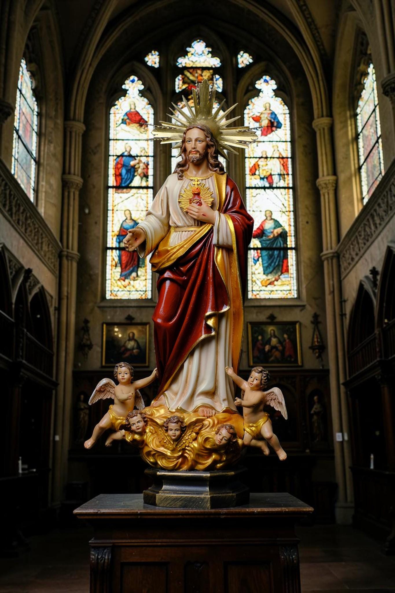Sacred Heart of Jesus Statue with Angels, Handmade Catholic Statue, Religious Home Altar Decor, Christian Gift, 35cm 60cm __etsy:8162336556
