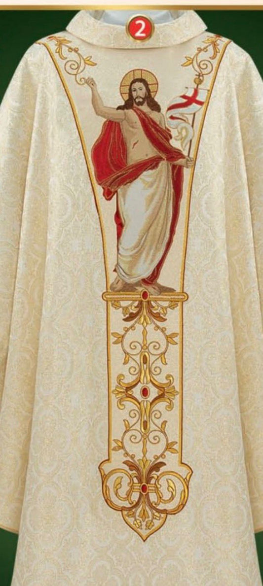 White Gold Embroidered Catholic Chasuble: Custom Handmade Liturgical Vestment