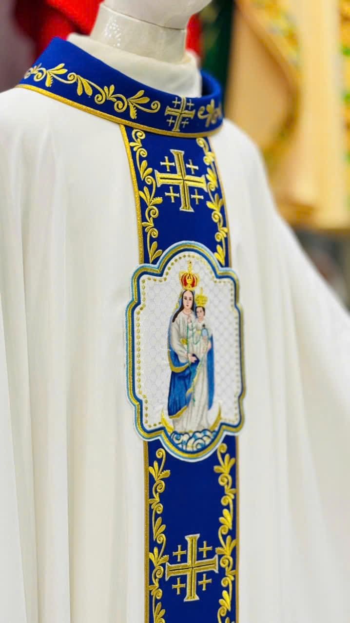Hand-Embroidered Marian Chasuble: Catholic Vestment with Gold Cross (etsy image id: 6927855439)