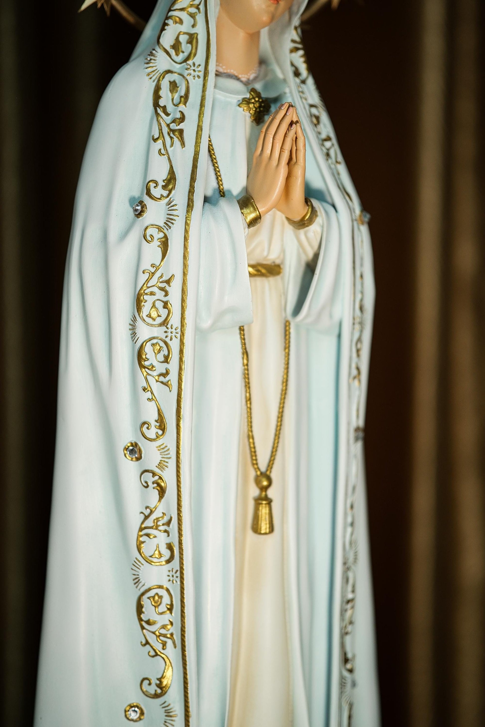 Handcrafted Our Lady of Fatima Statue: Blue Antique Finish, Gemstone Halo (etsy image id: 7101340472)