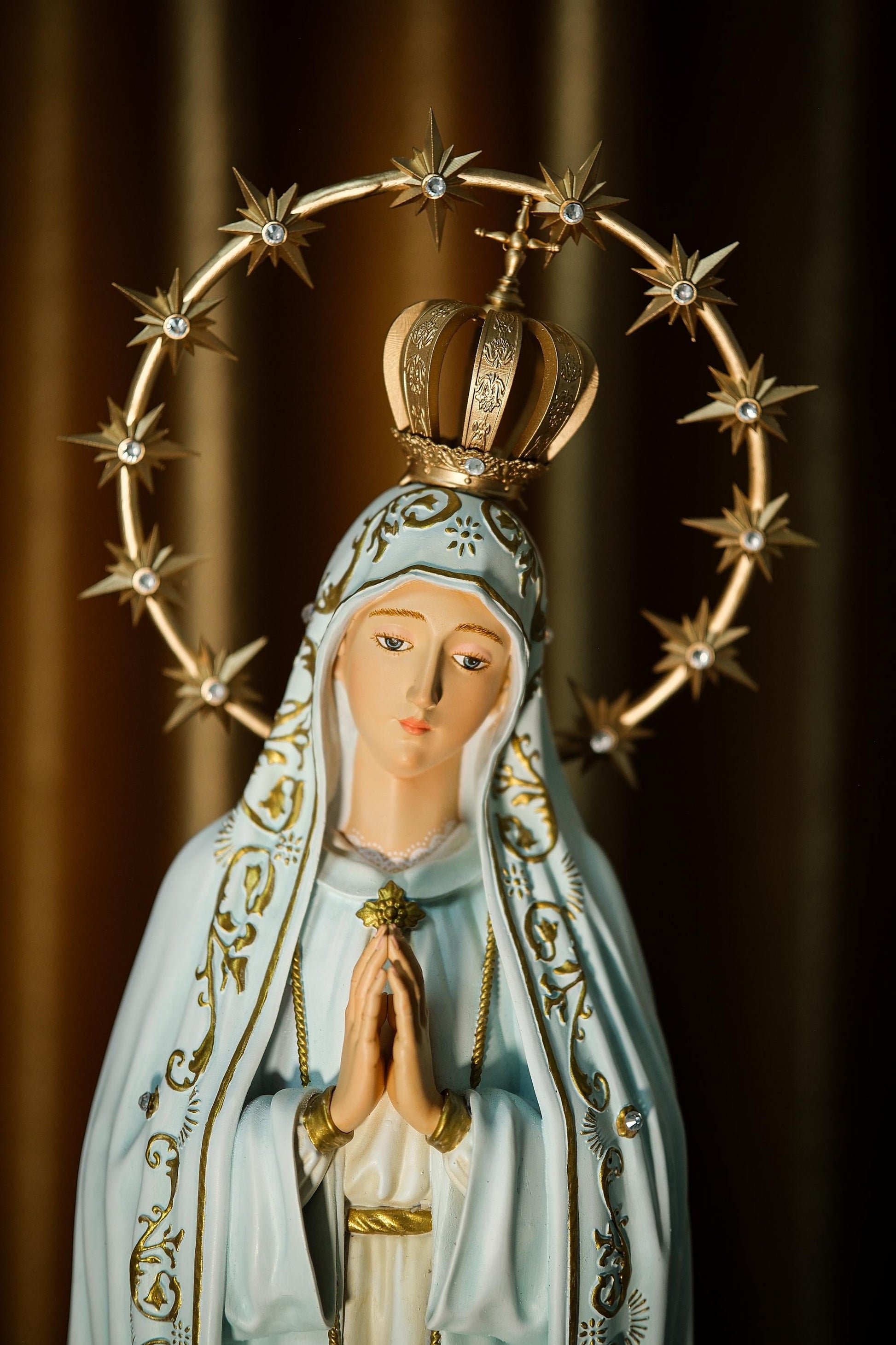 Handcrafted Our Lady of Fatima Statue: Blue Antique Finish, Gemstone Halo (etsy image id: 7101340486)