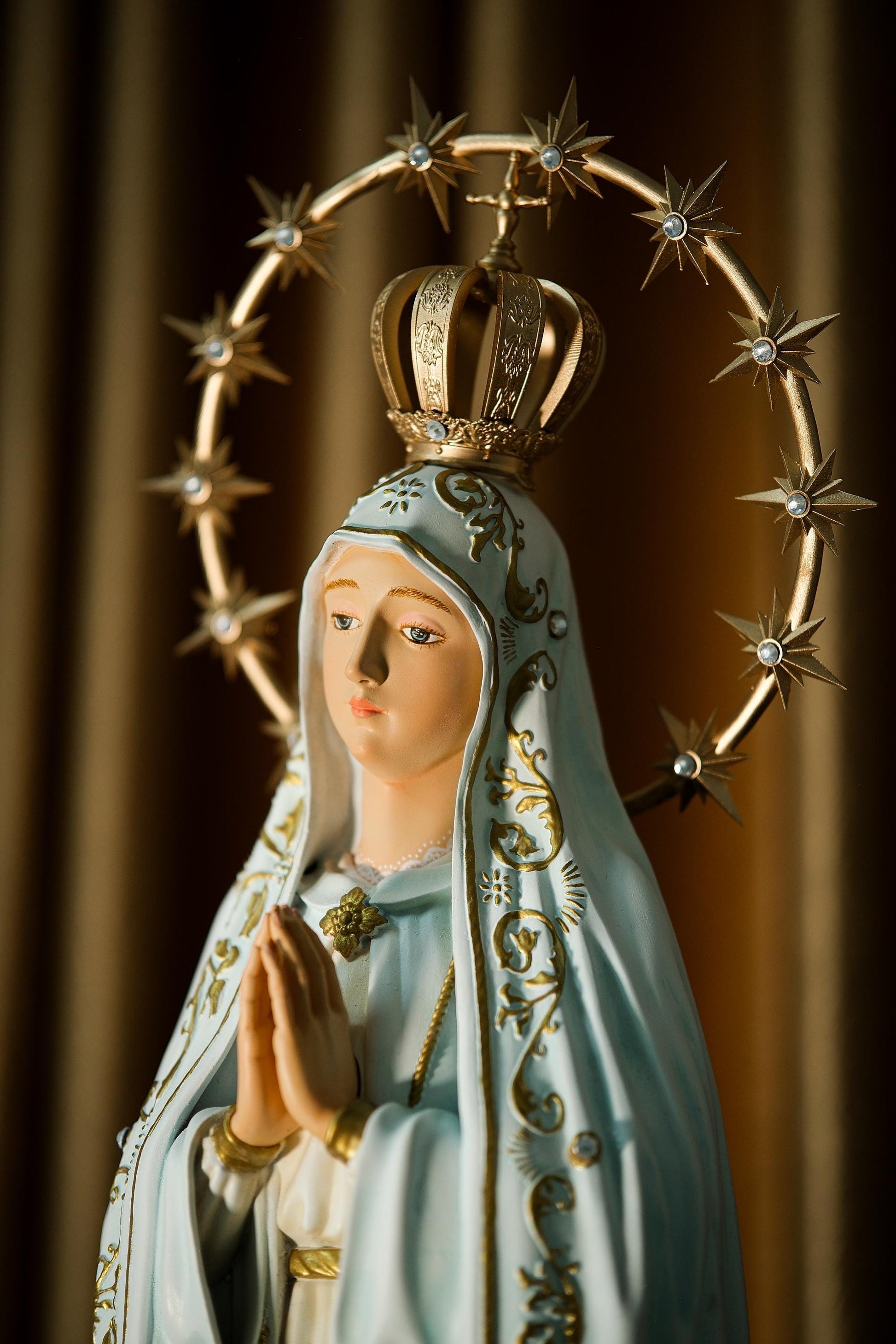 Handcrafted Our Lady of Fatima Statue: Blue Antique Finish, Gemstone Halo (etsy image id: 7101340490)
