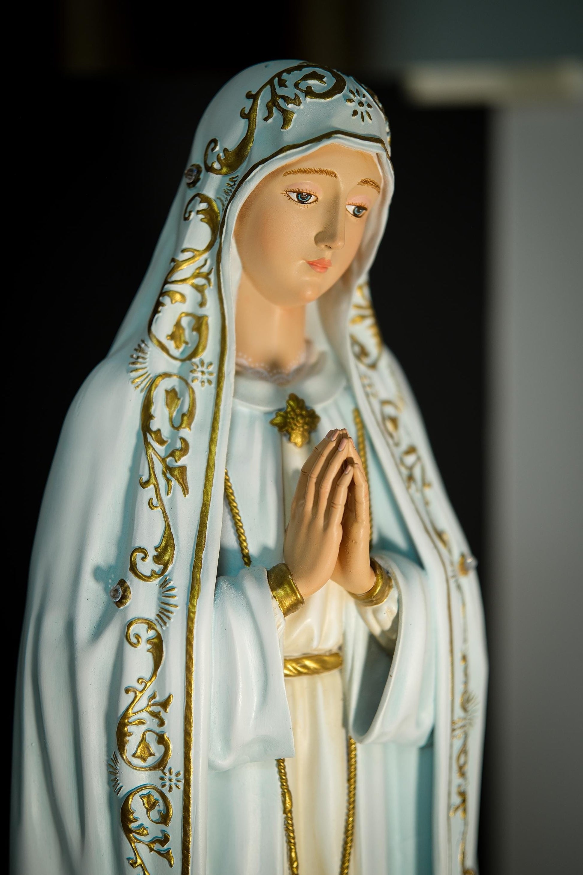 Handcrafted Our Lady of Fatima Statue: Blue Antique Finish, Gemstone Halo (etsy image id: 7101340622)