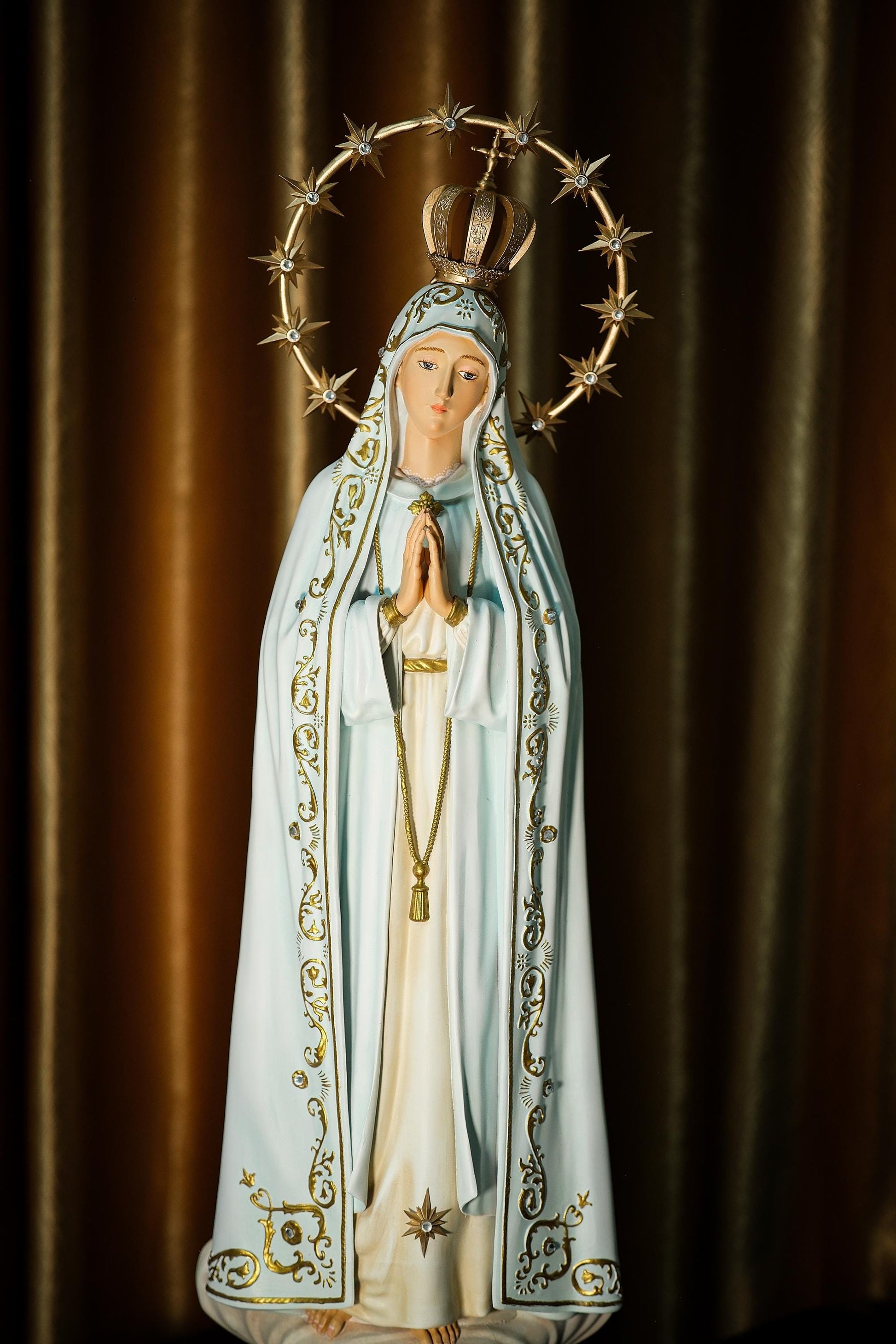 Handcrafted Our Lady of Fatima Statue: Blue Antique Finish, Gemstone Halo (etsy image id: 7101341396)