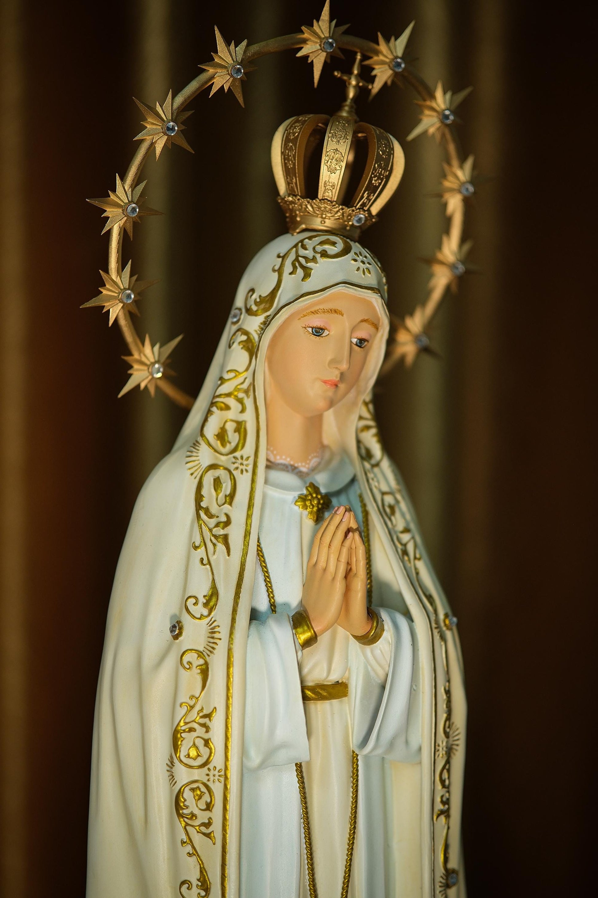 Handcrafted Our Lady of Fatima Statue: Blue Antique Finish, Gemstone Halo (etsy image id: 7101797742)