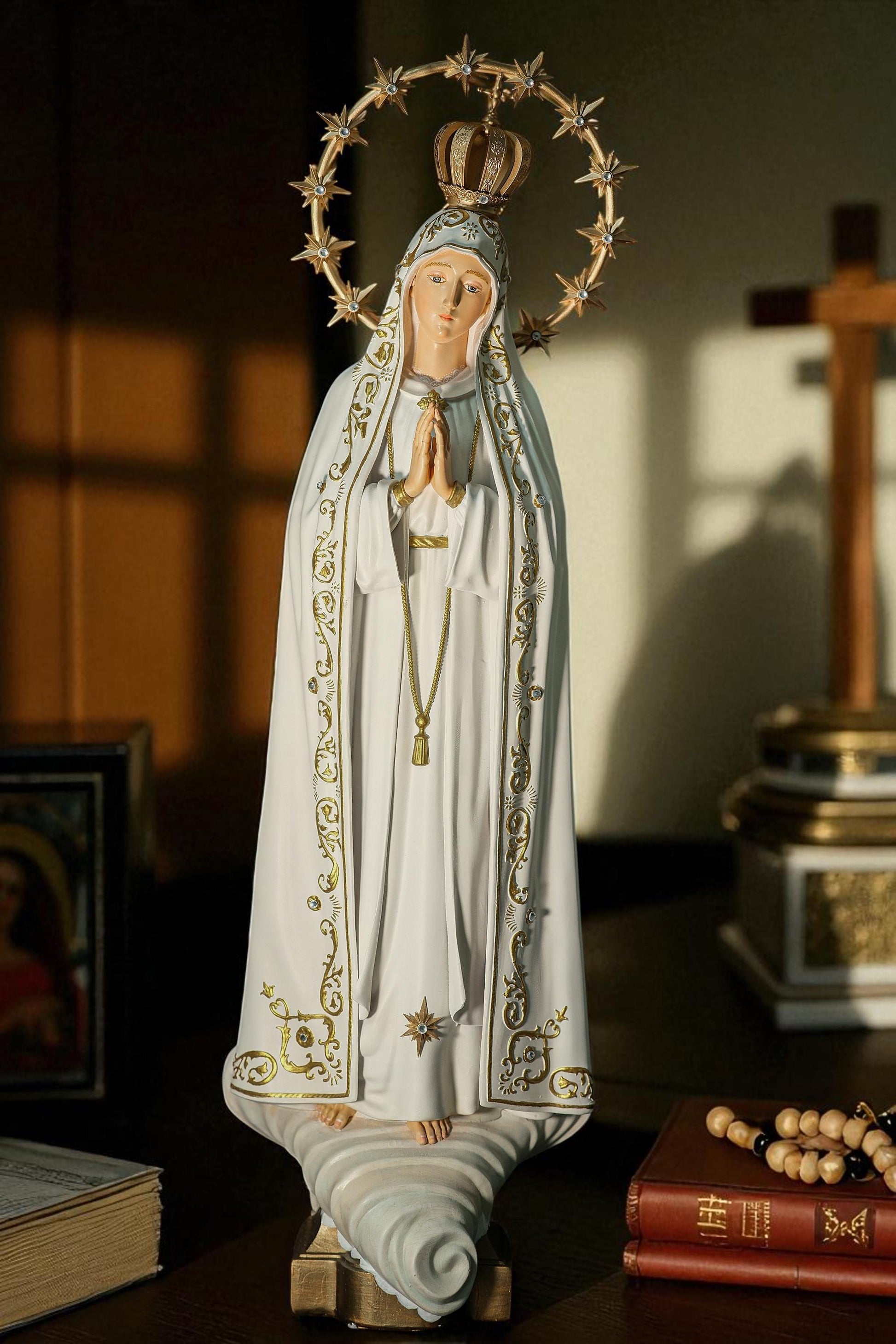 Handcrafted Our Lady of Fatima Statue: Blue Antique Finish, Gemstone Halo (etsy image id: 7101797884)