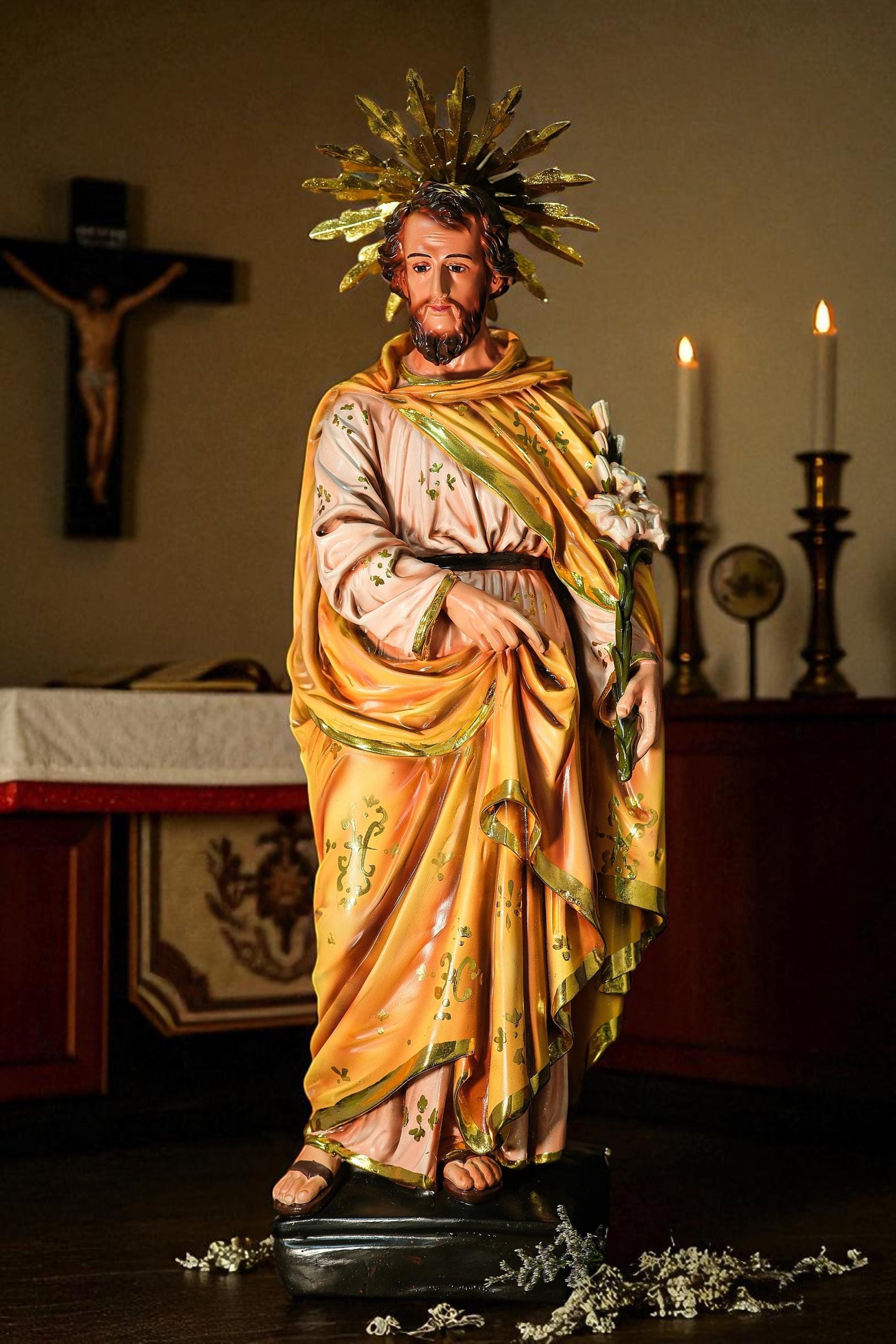 Handcrafted Saint Joseph Statue with Lily: Gold Leaf Catholic Gift (etsy image id: 7109953036)