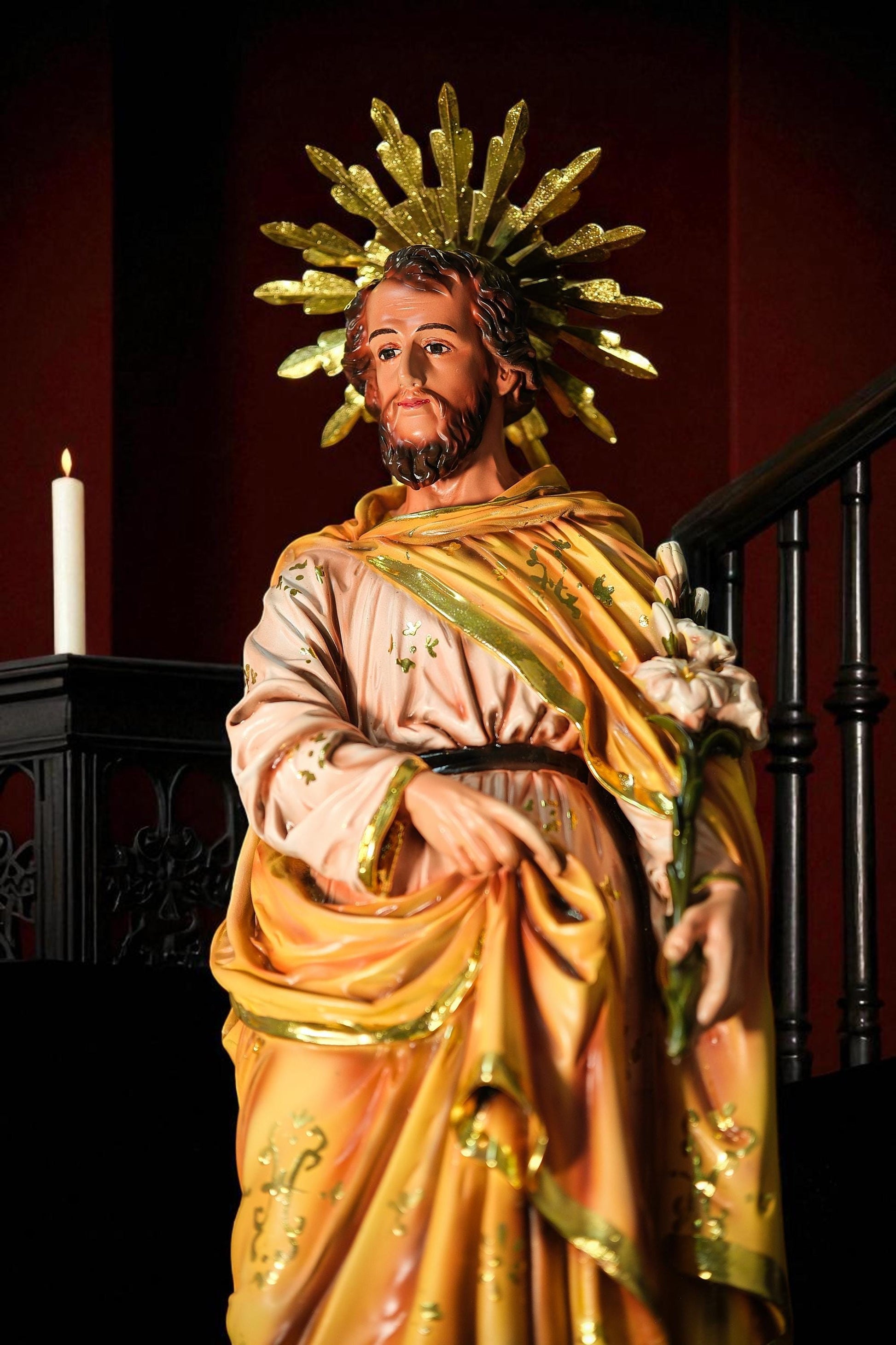 Handcrafted Saint Joseph Statue with Lily: Gold Leaf Catholic Gift (etsy image id: 7110145736)