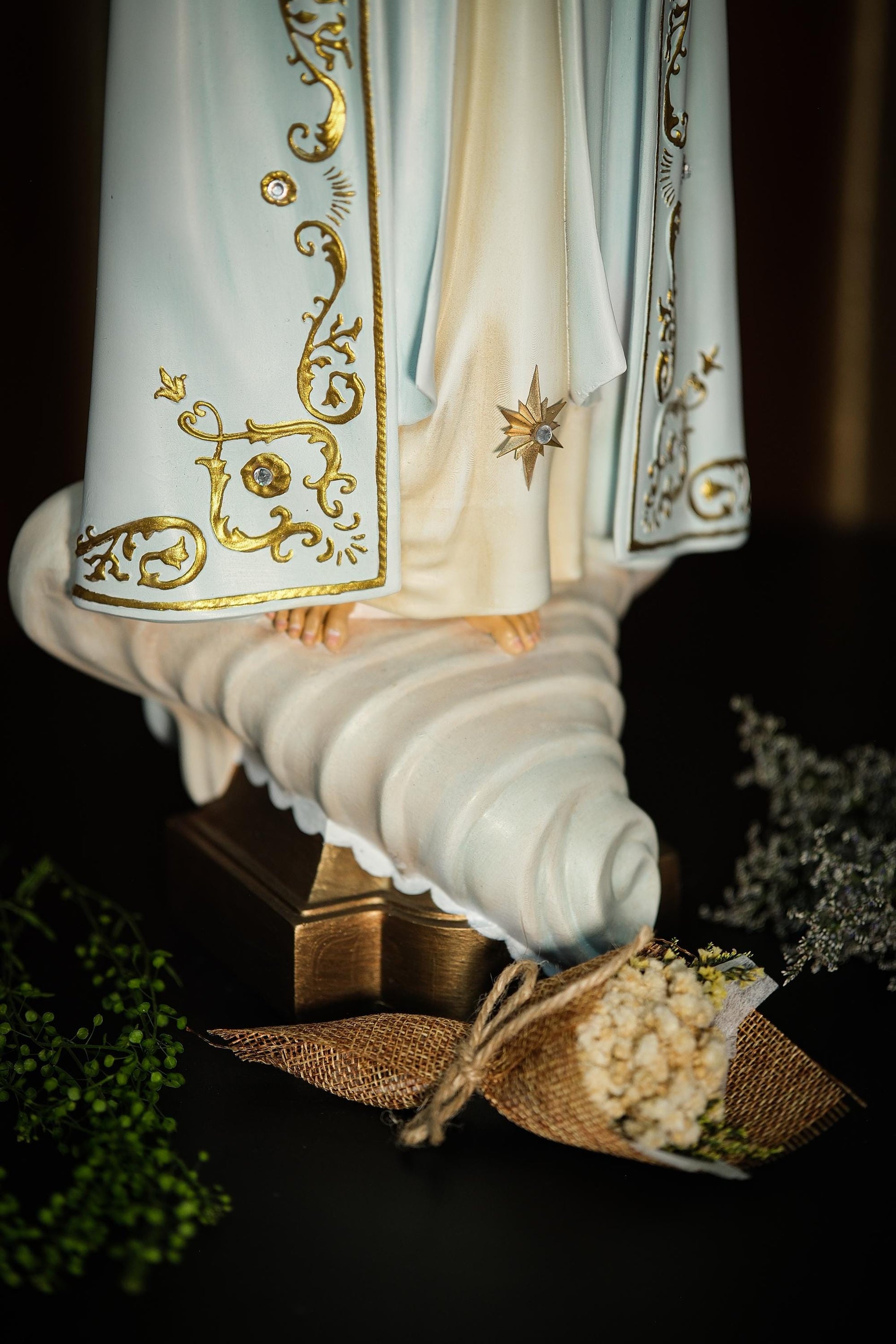 Handcrafted Our Lady of Fatima Statue: Blue Antique Finish, Gemstone Halo (etsy image id: 7149308511)