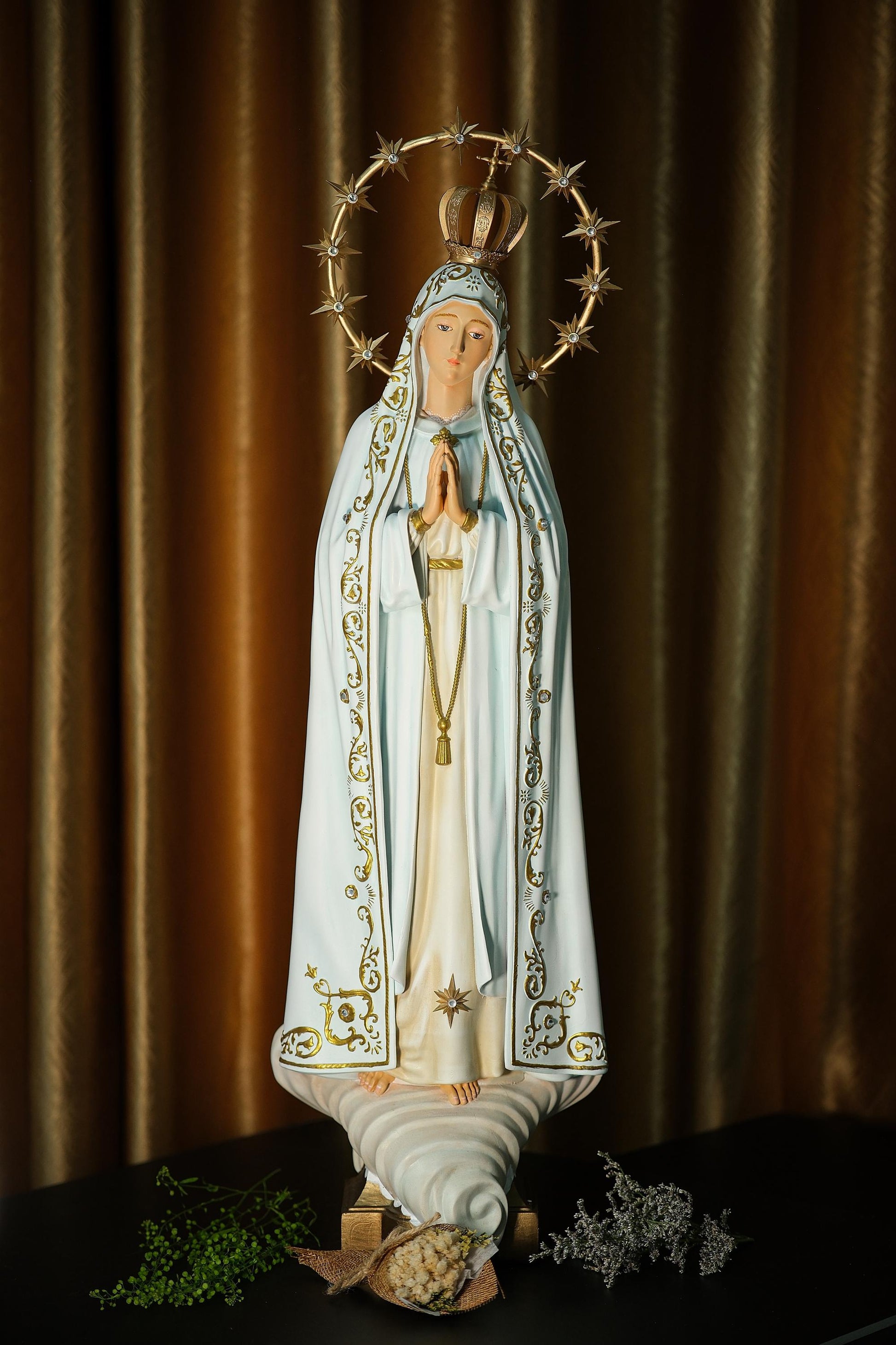 Handcrafted Our Lady of Fatima Statue: Blue Antique Finish, Gemstone Halo (etsy image id: 7149309505)