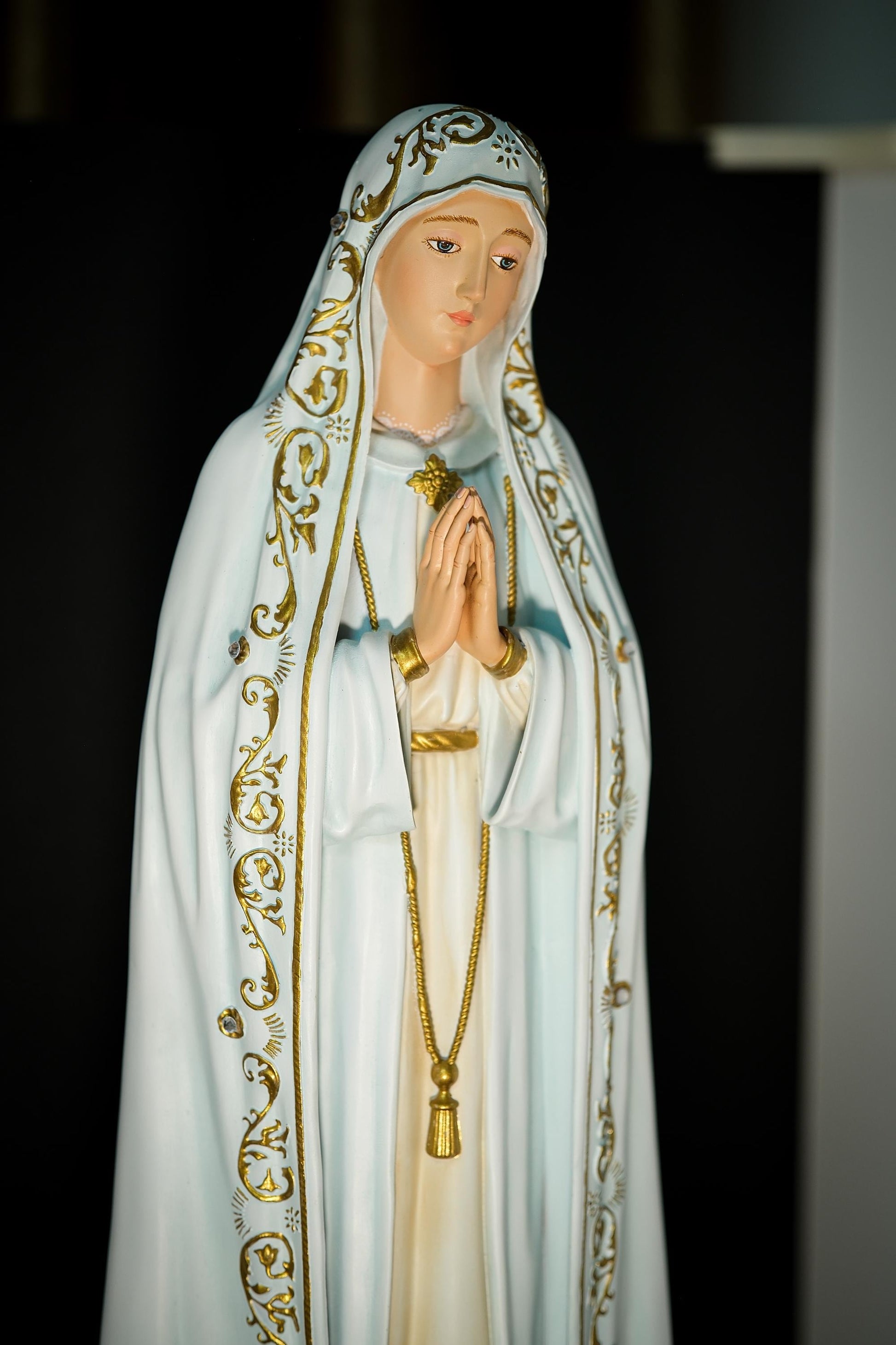 Handcrafted Our Lady of Fatima Statue: Blue Antique Finish, Gemstone Halo (etsy image id: 7149311375)
