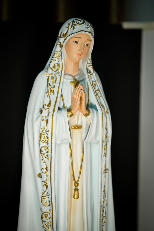 Handcrafted Our Lady of Fatima Statue: Blue Antique Finish, Gemstone Halo (etsy image id: 7149311375)