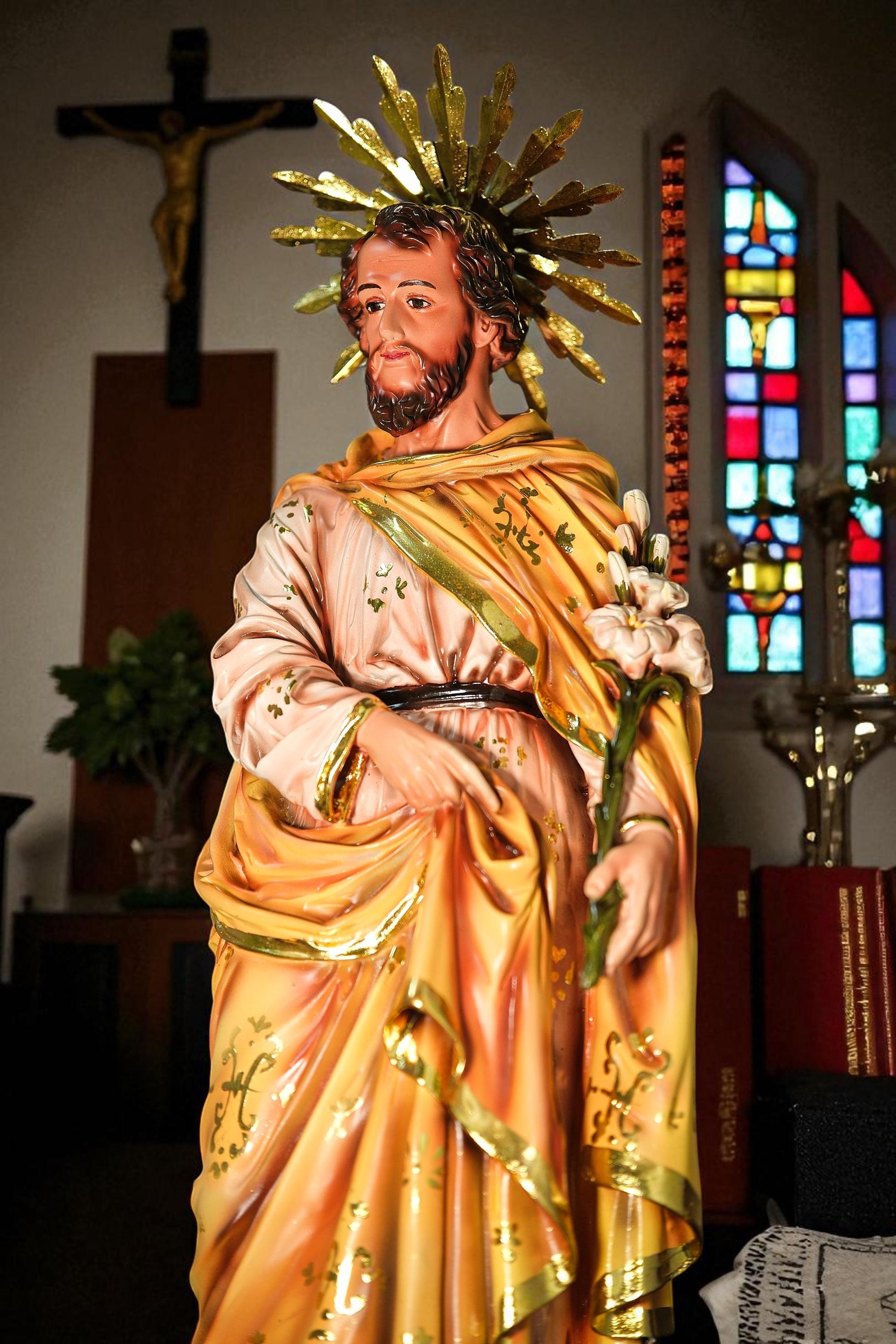 Handcrafted Saint Joseph Statue with Lily: Gold Leaf Catholic Gift (etsy image id: 7157927127)