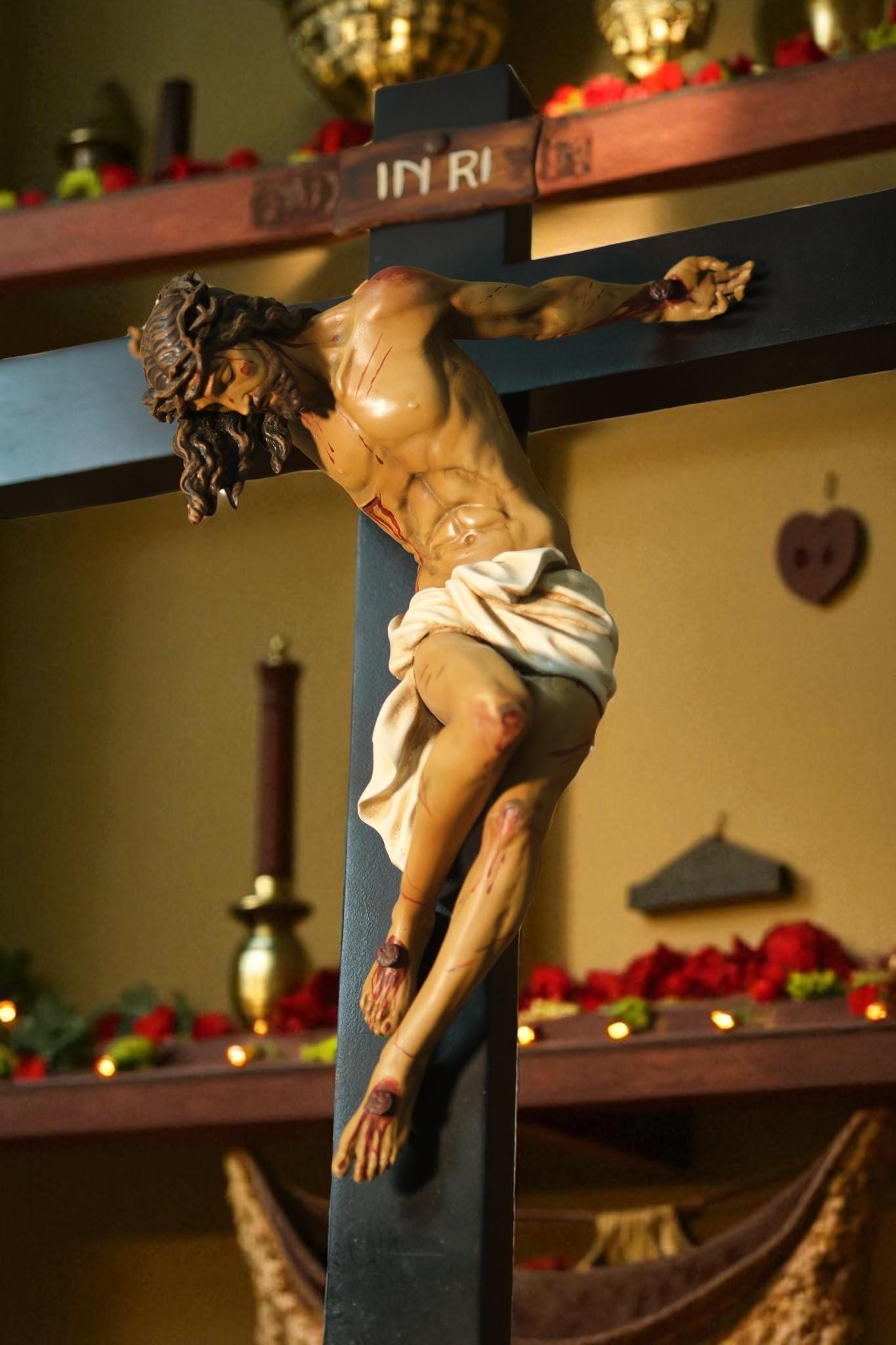 Hand-Painted Altar Crucifix: Wood Cross with Stone Resin Corpus (etsy image id: 7238267450)