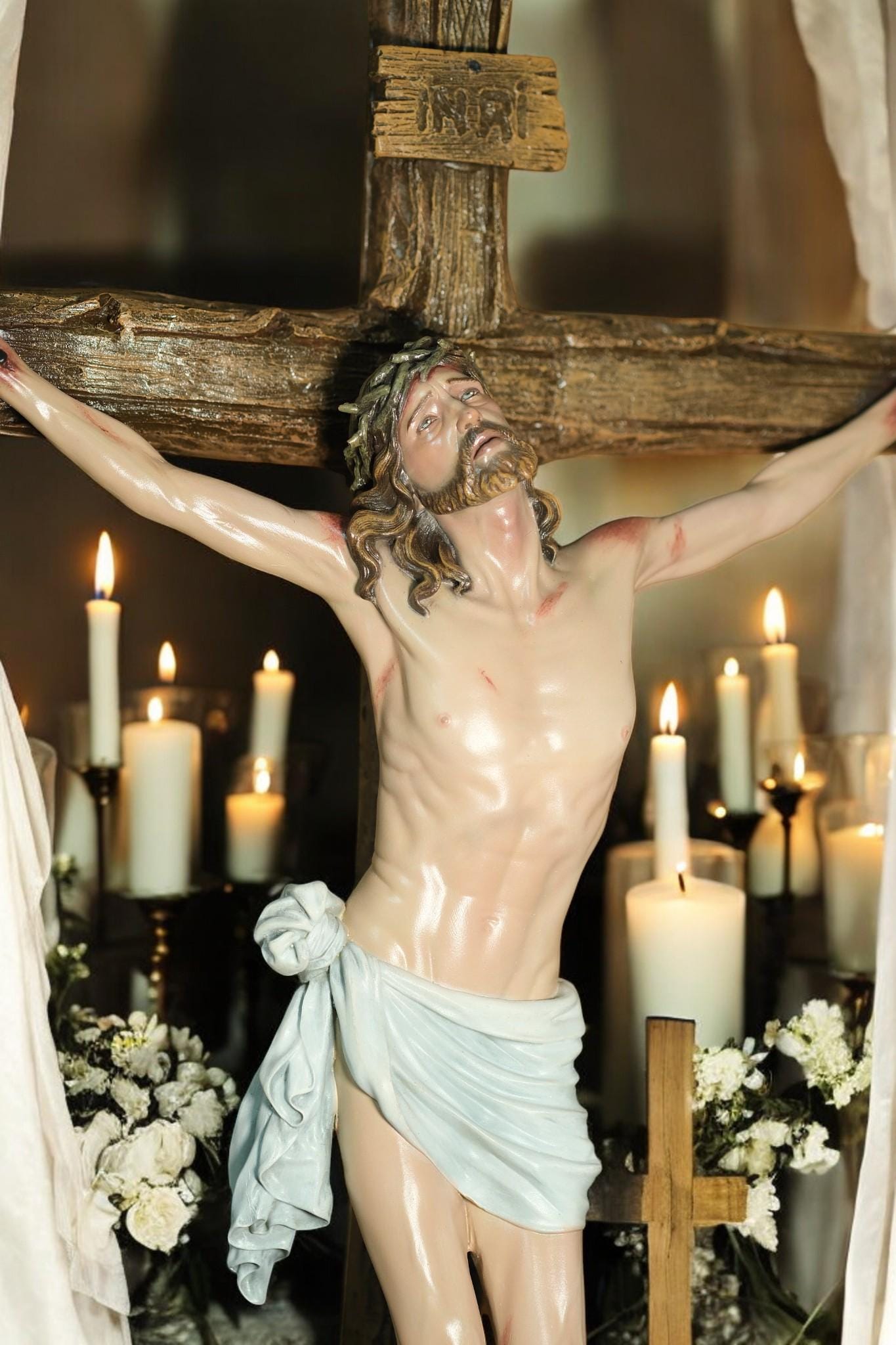Hand-Painted Jesus Crucifix Statue: Stone Resin Antique Finish INRI Cross (etsy image id: 7245481098)