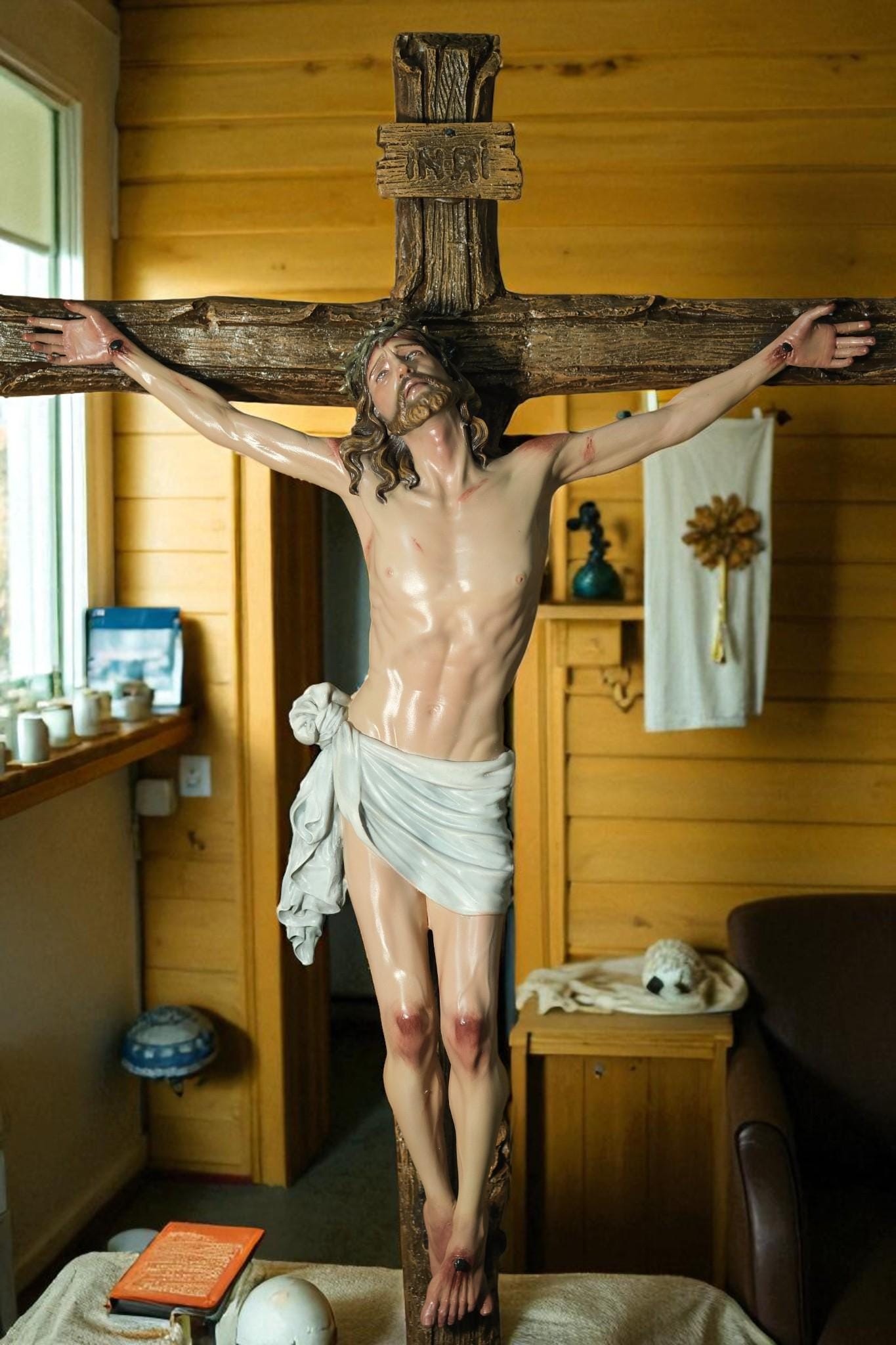 Hand-Painted Jesus Crucifix Statue: Stone Resin Antique Finish INRI Cross (etsy image id: 7245481456)