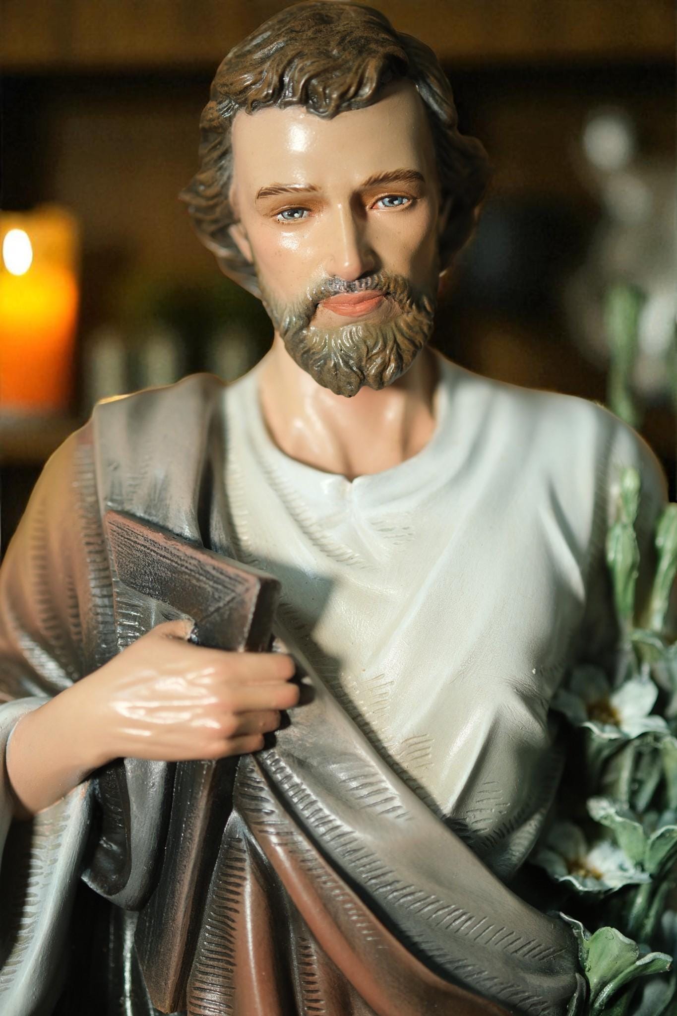 Hand-Painted Saint Joseph Statue with Lily: Antique Stone-Resin Figurine (43 cm) __etsy:7284950772