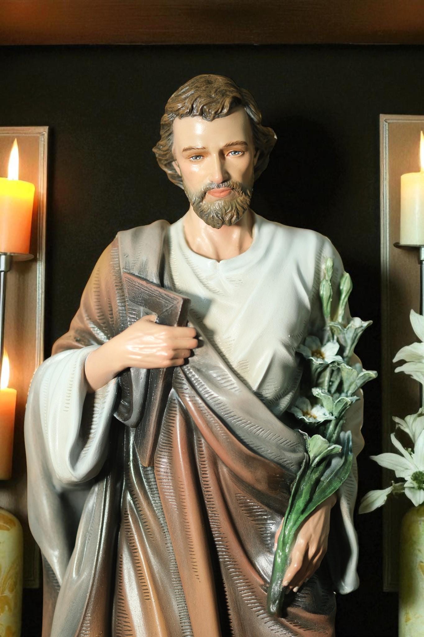 Hand-Painted Saint Joseph Statue with Lily: Antique Stone-Resin Figurine (43 cm) __etsy:7284957916