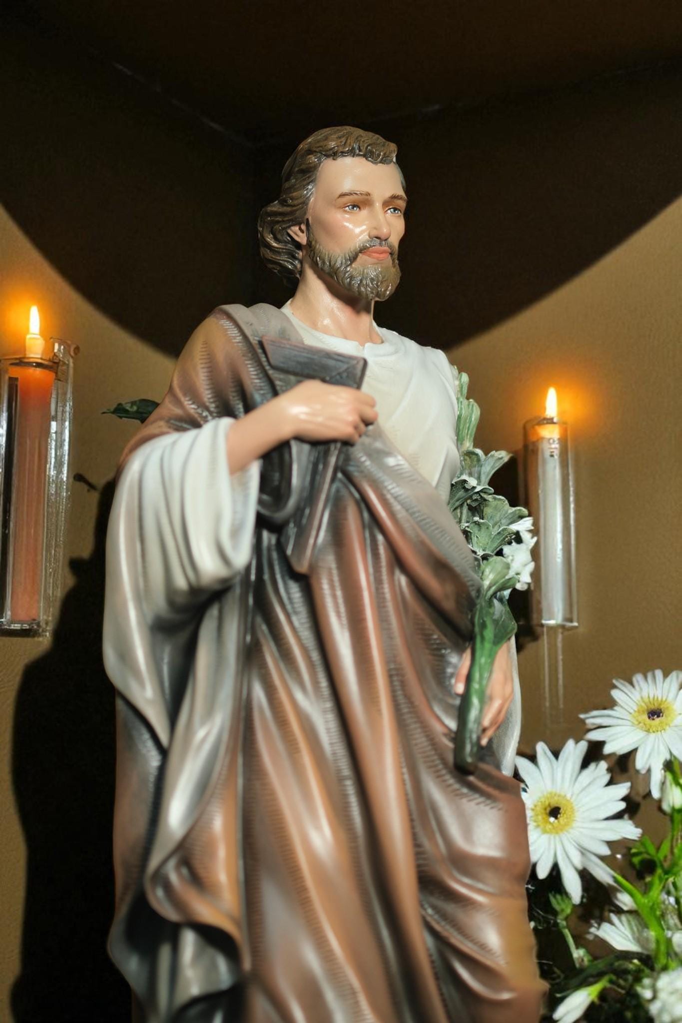Hand-Painted Saint Joseph Statue with Lily: Antique Stone-Resin Figurine (43 cm) __etsy:7285025126