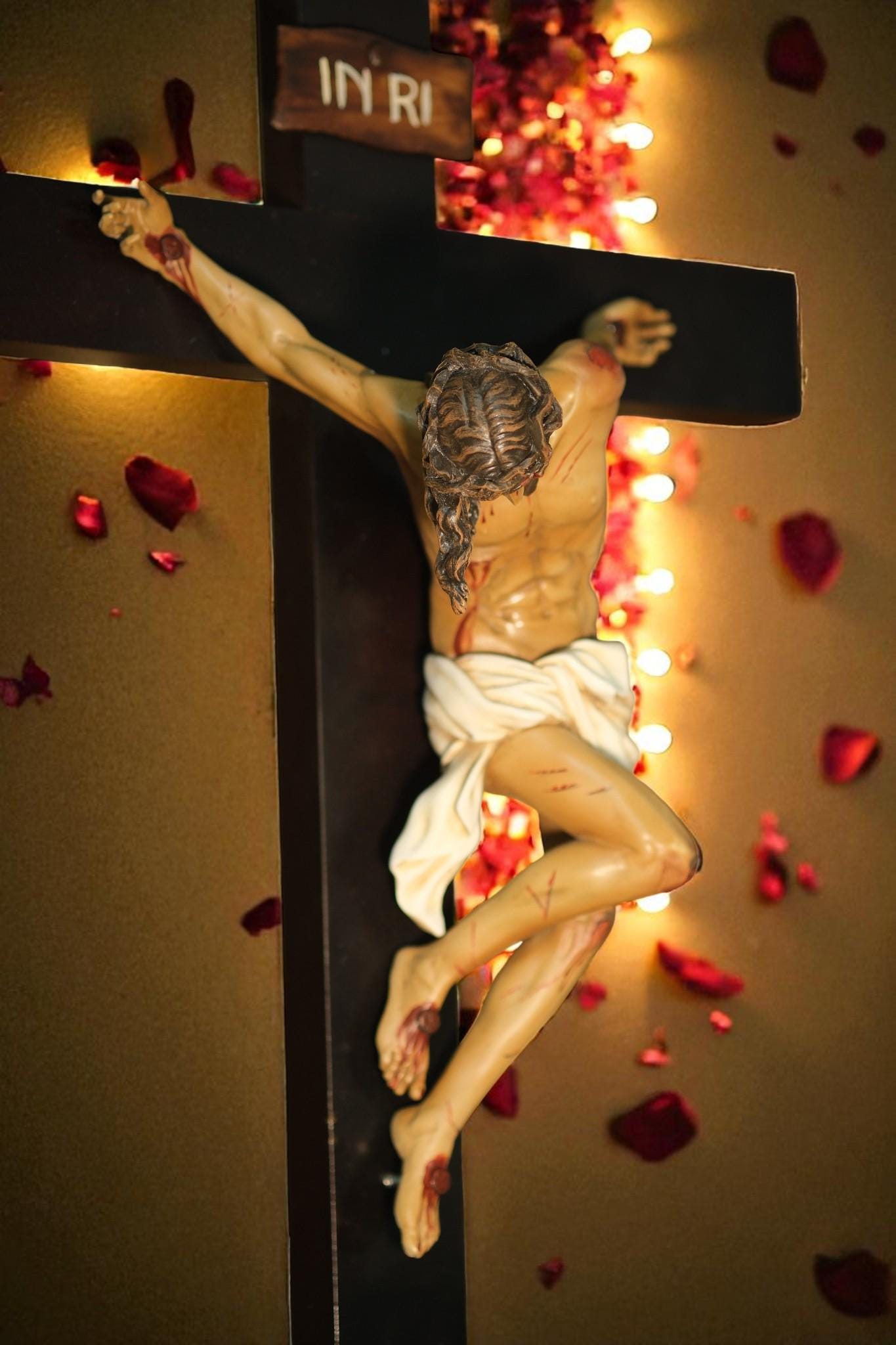 Hand-Painted Altar Crucifix: Wood Cross with Stone Resin Corpus (etsy image id: 7286185385)
