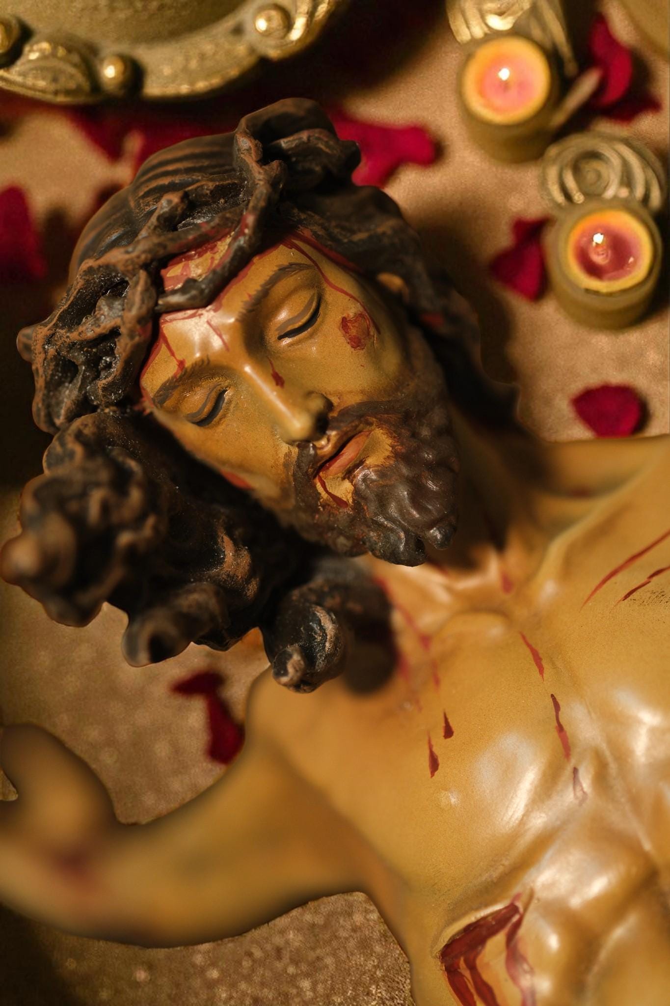 Hand-Painted Altar Crucifix: Wood Cross with Stone Resin Corpus (etsy image id: 7286185409)