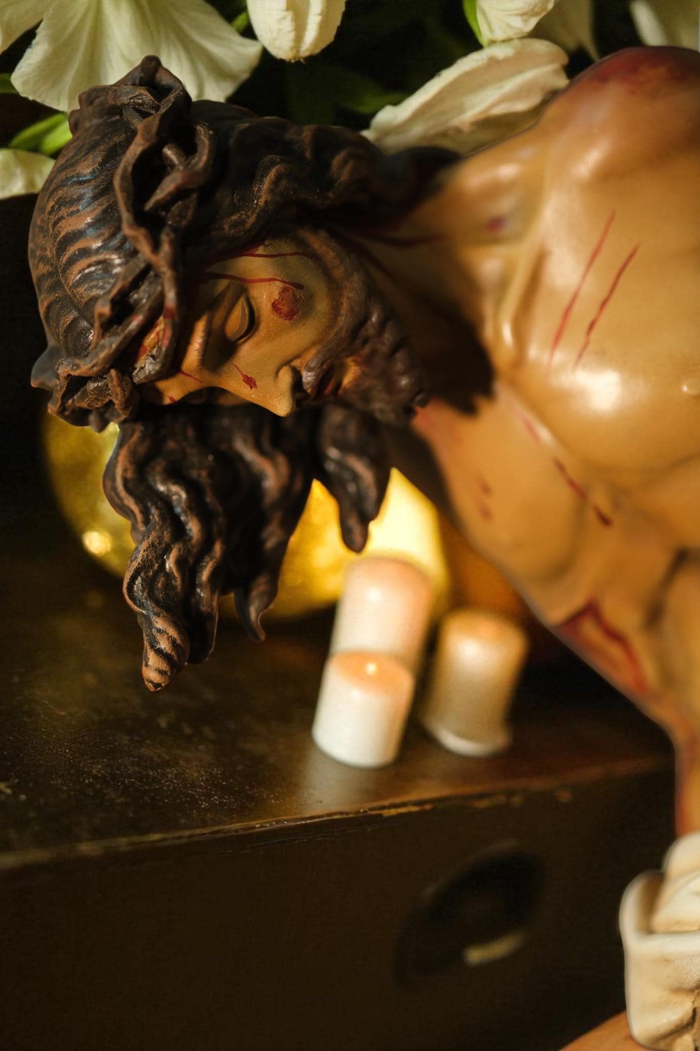 Hand-Painted Altar Crucifix: Wood Cross with Stone Resin Corpus (etsy image id: 7286185417)