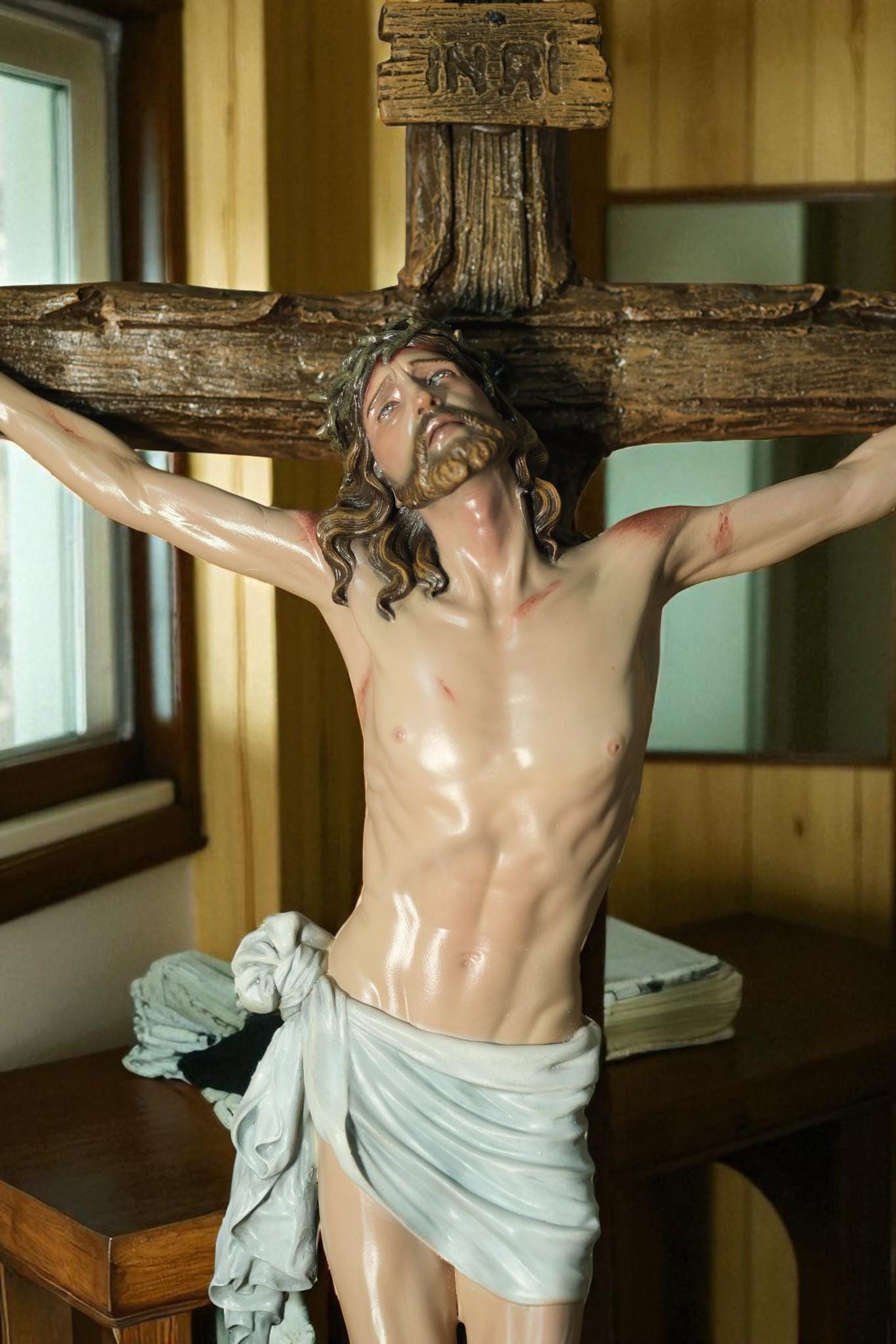Hand-Painted Jesus Crucifix Statue: Stone Resin Antique Finish INRI Cross (etsy image id: 7293443119)