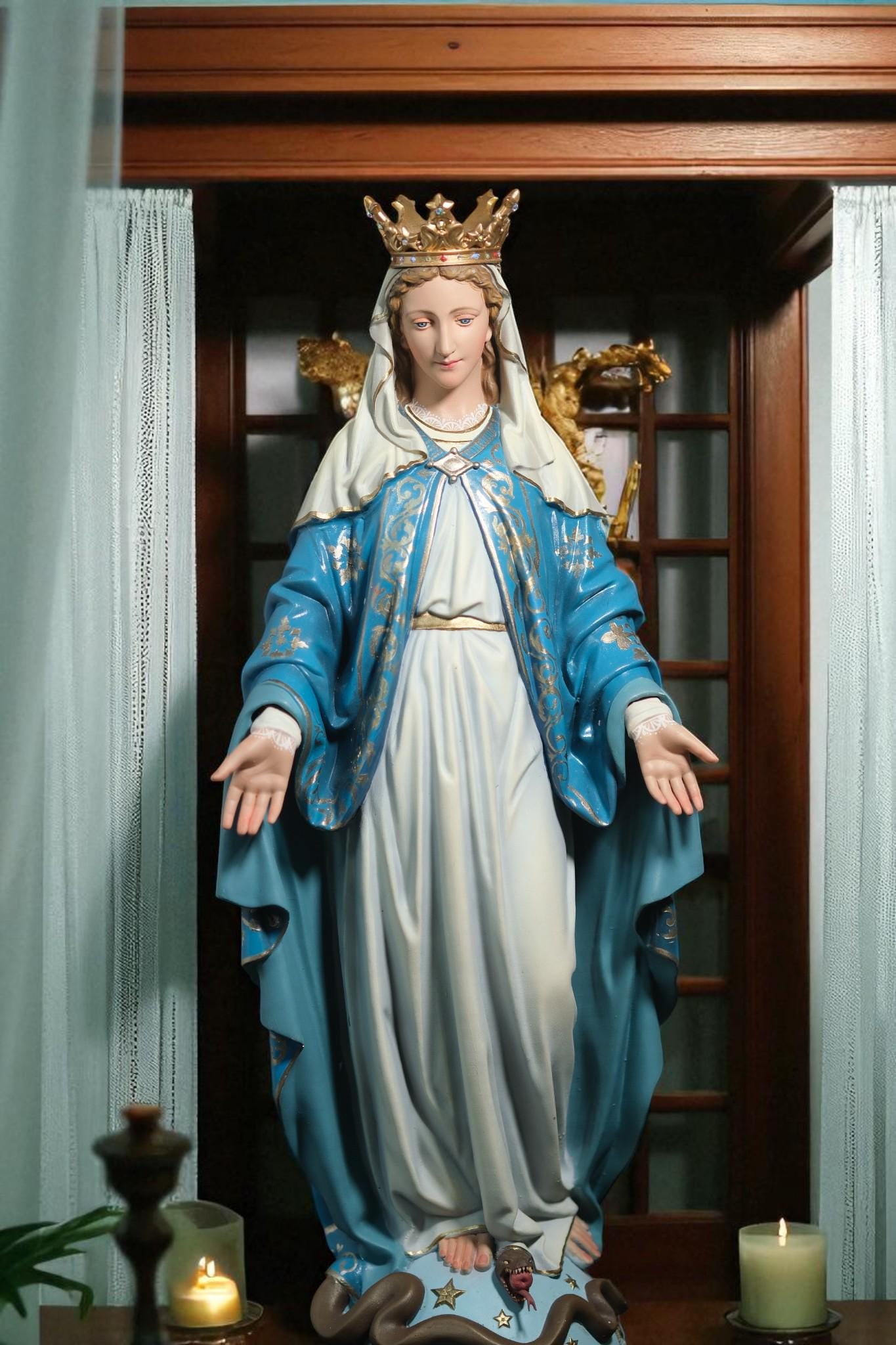 Hand-Painted Our Lady of Grace Statue: Virgin Mary Figurine, Antique Finish, 40cm (etsy image id: 7308013394)