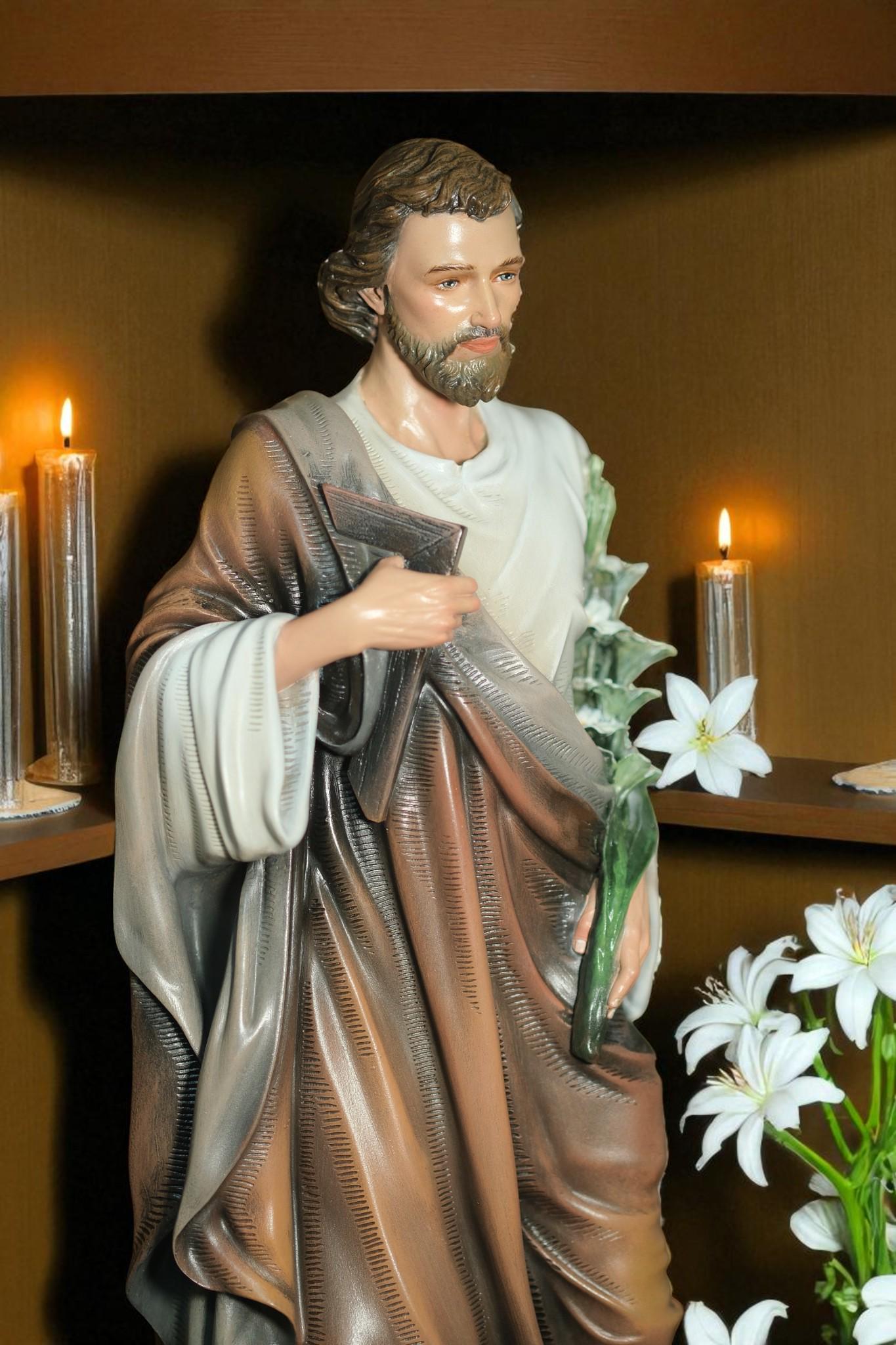 Hand-Painted Saint Joseph Statue with Lily: Antique Stone-Resin Figurine (43 cm) __etsy:7332898719