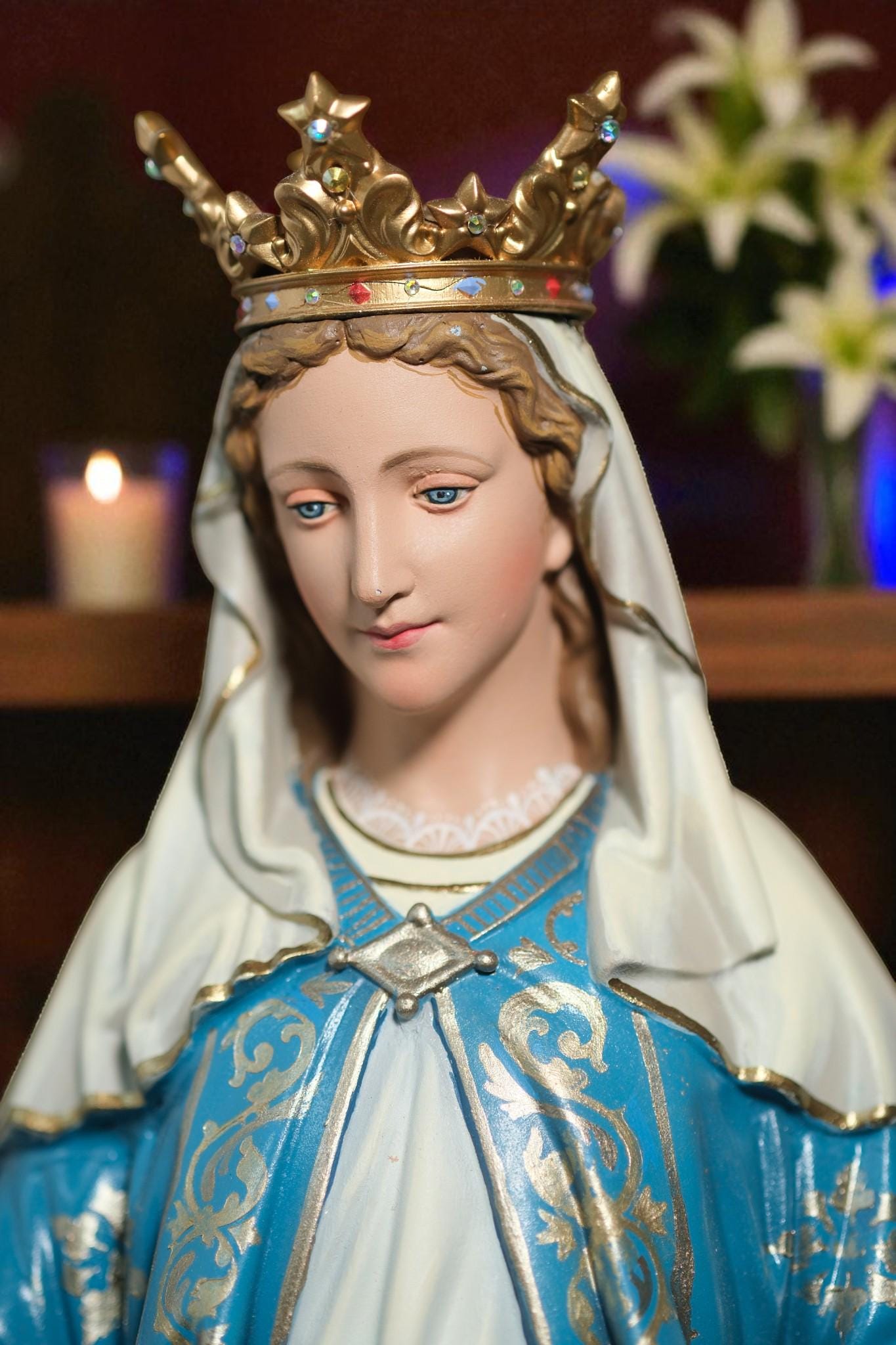 Hand-Painted Our Lady of Grace Statue: Virgin Mary Figurine, Antique Finish, 40cm (etsy image id: 7355975359)