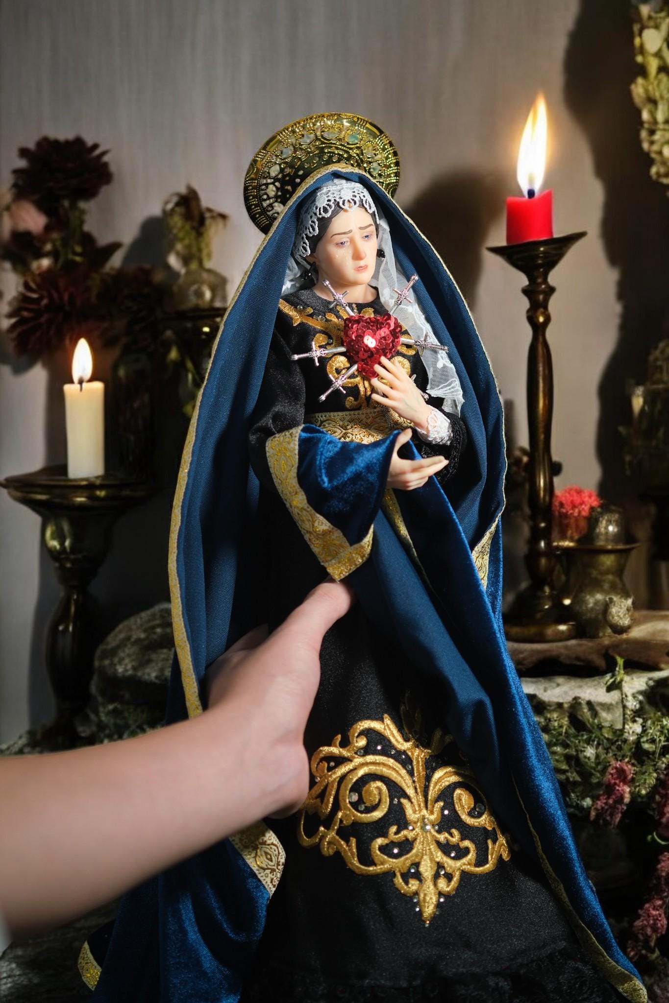 Handcrafted Our Lady of Sorrows Statue: Dressed Catholic Virgin Mary, 35cm 45 cm (etsy image id: 7356353402)