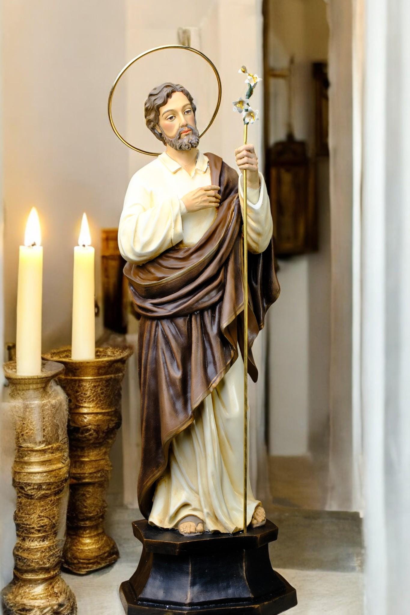 St Joseph Lily Statue 25cm | Hand Painted Catholic Saint Joseph Figurine for Home Altar Prayer Gift Decor __etsy:7359483094