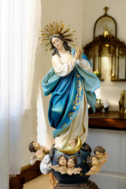 Hand-Painted Virgin Mary Statue: Immaculate Conception with Angels, Gold Crown (60cm)