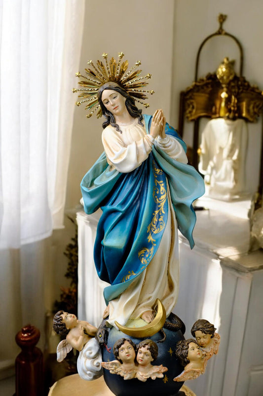 Hand-Painted Virgin Mary Statue: Immaculate Conception with Angels, Gold Crown (60cm) __etsy:7364277954