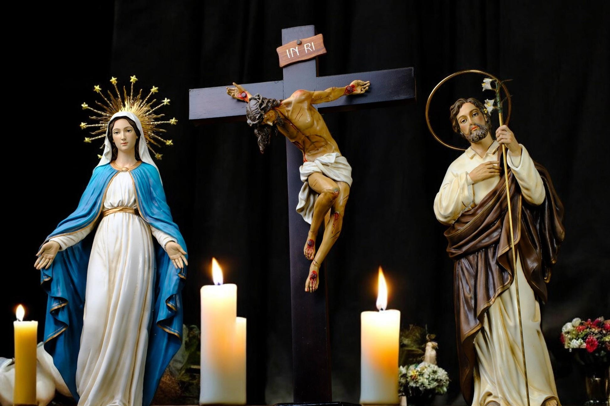 Catholic Altar Statue Set | Hand-Painted Crucifix, Virgin Mary, St Joseph __etsy:7382017922