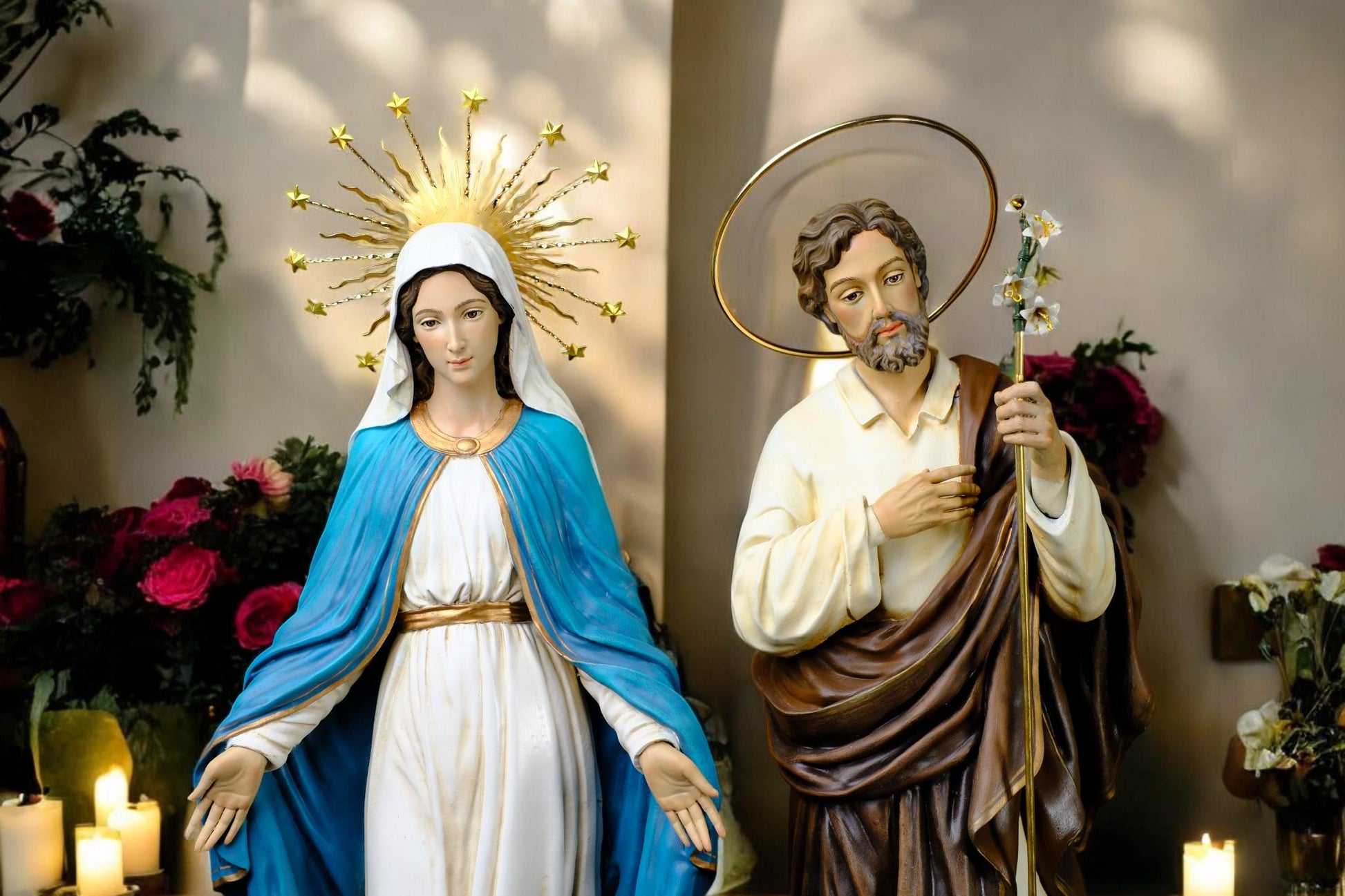 Catholic Altar Statue Set | Hand-Painted Crucifix, Virgin Mary, St Joseph __etsy:7382017932