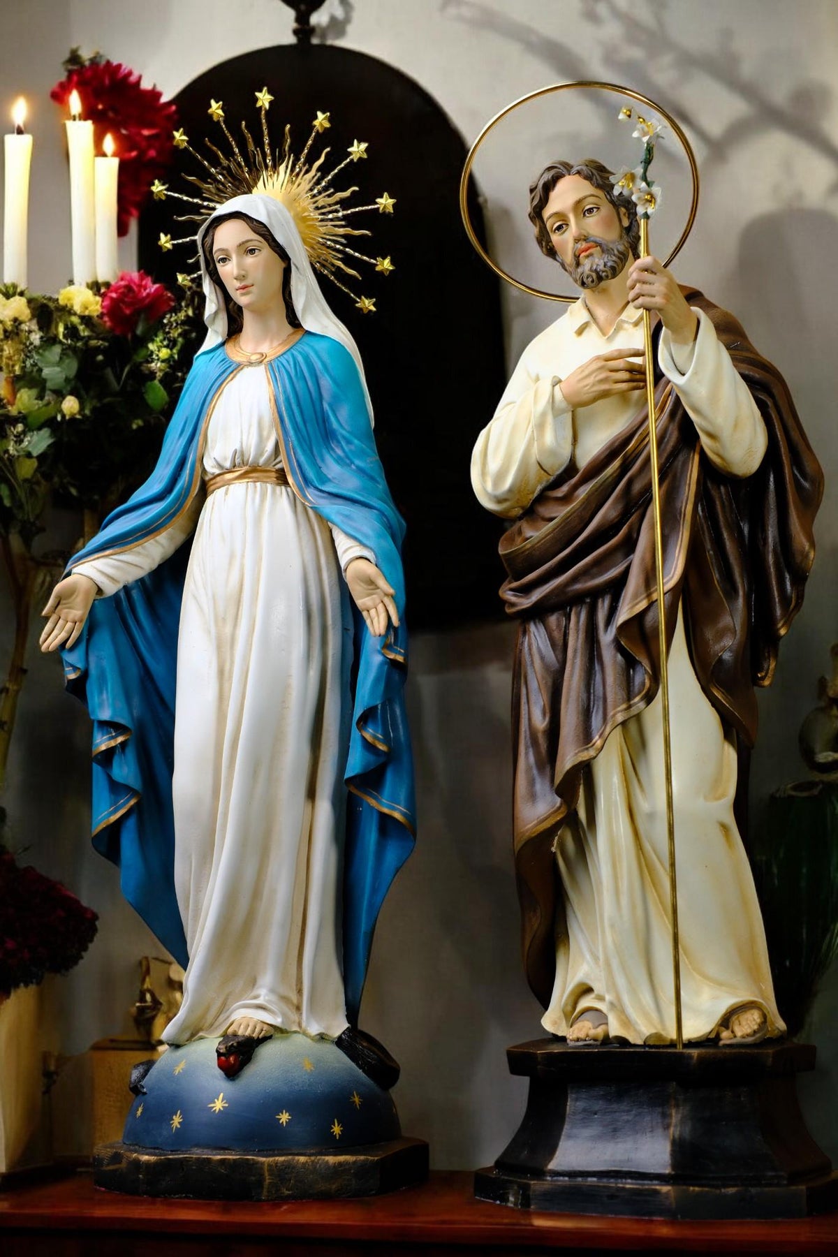 Catholic Altar Statue Set | Hand-Painted Crucifix, Virgin Mary, St Joseph __etsy:7382017946