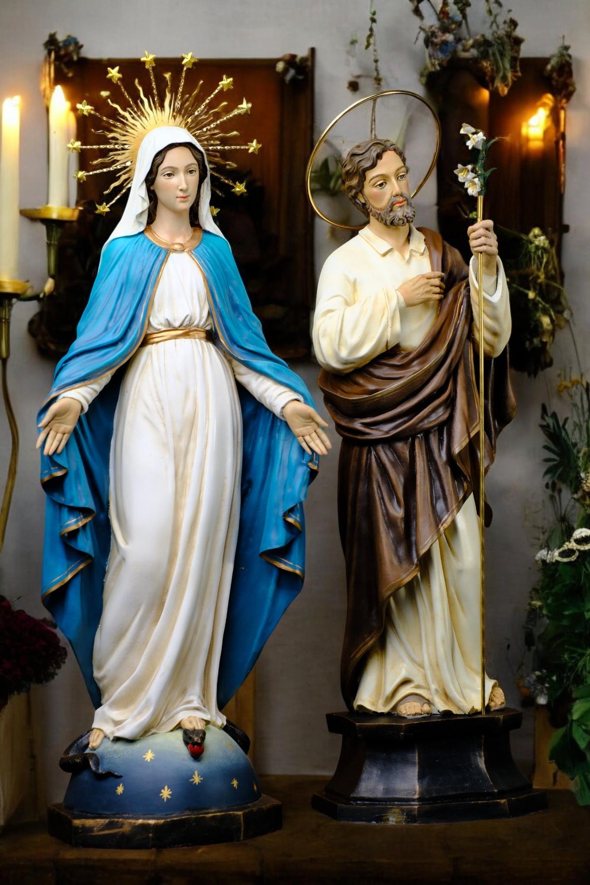 Catholic Altar Statue Set | Hand-Painted Crucifix, Virgin Mary, St Joseph __etsy:7382017952