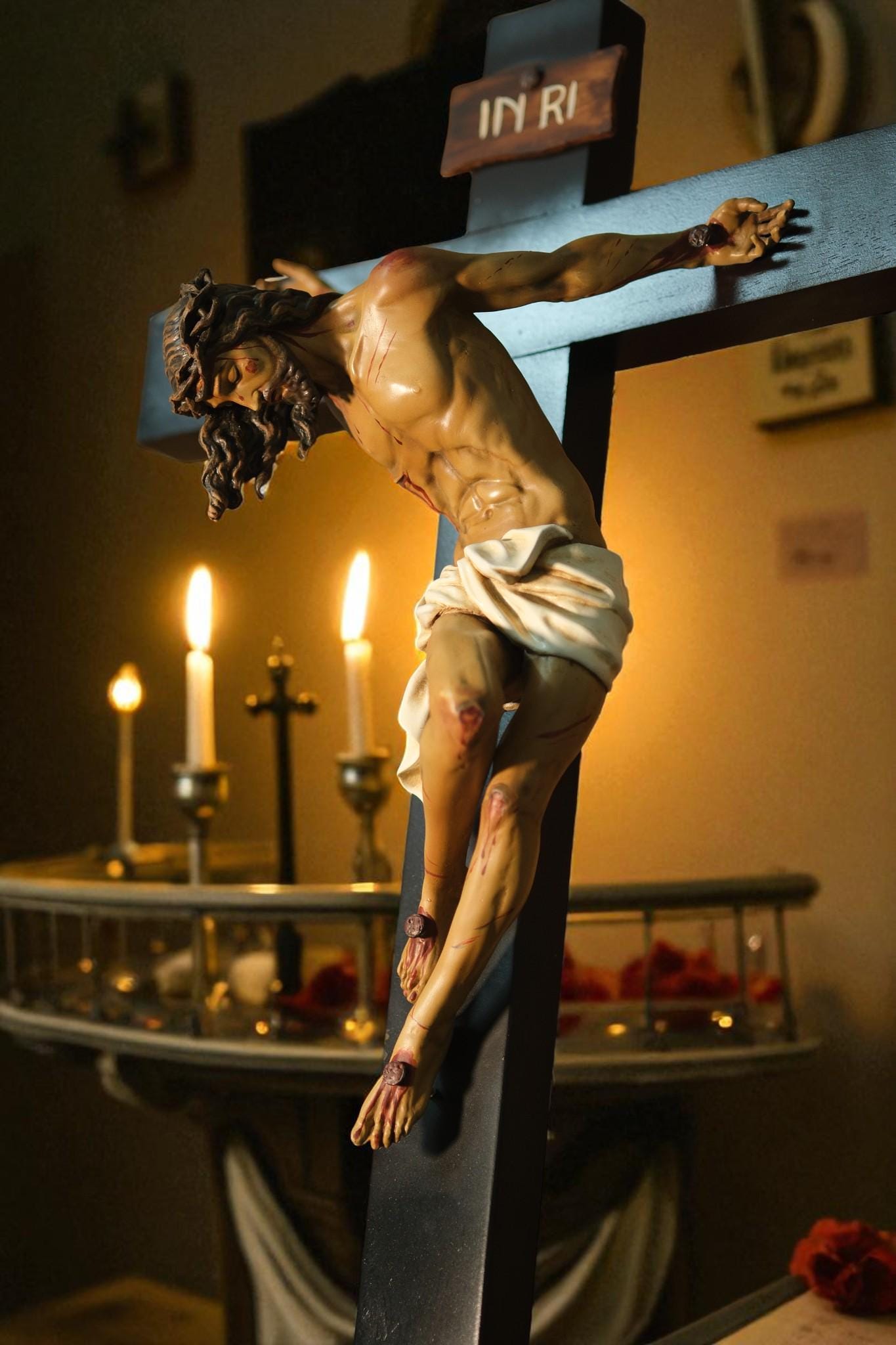 Catholic Altar Statue Set | Hand-Painted Crucifix, Virgin Mary, St Joseph __etsy:7382069354