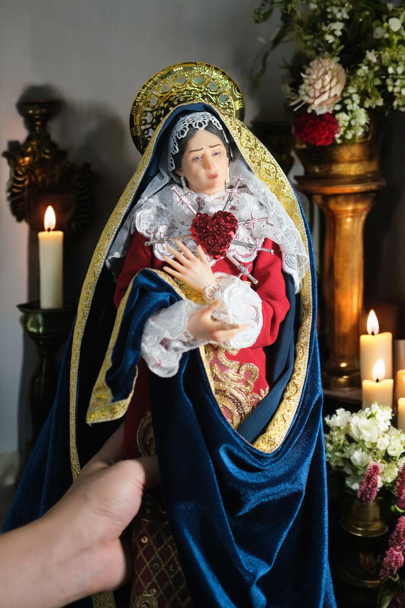 Handcrafted Our Lady of Sorrows Statue: Dressed Catholic Virgin Mary, 35cm 45 cm (etsy image id: 7404112261)