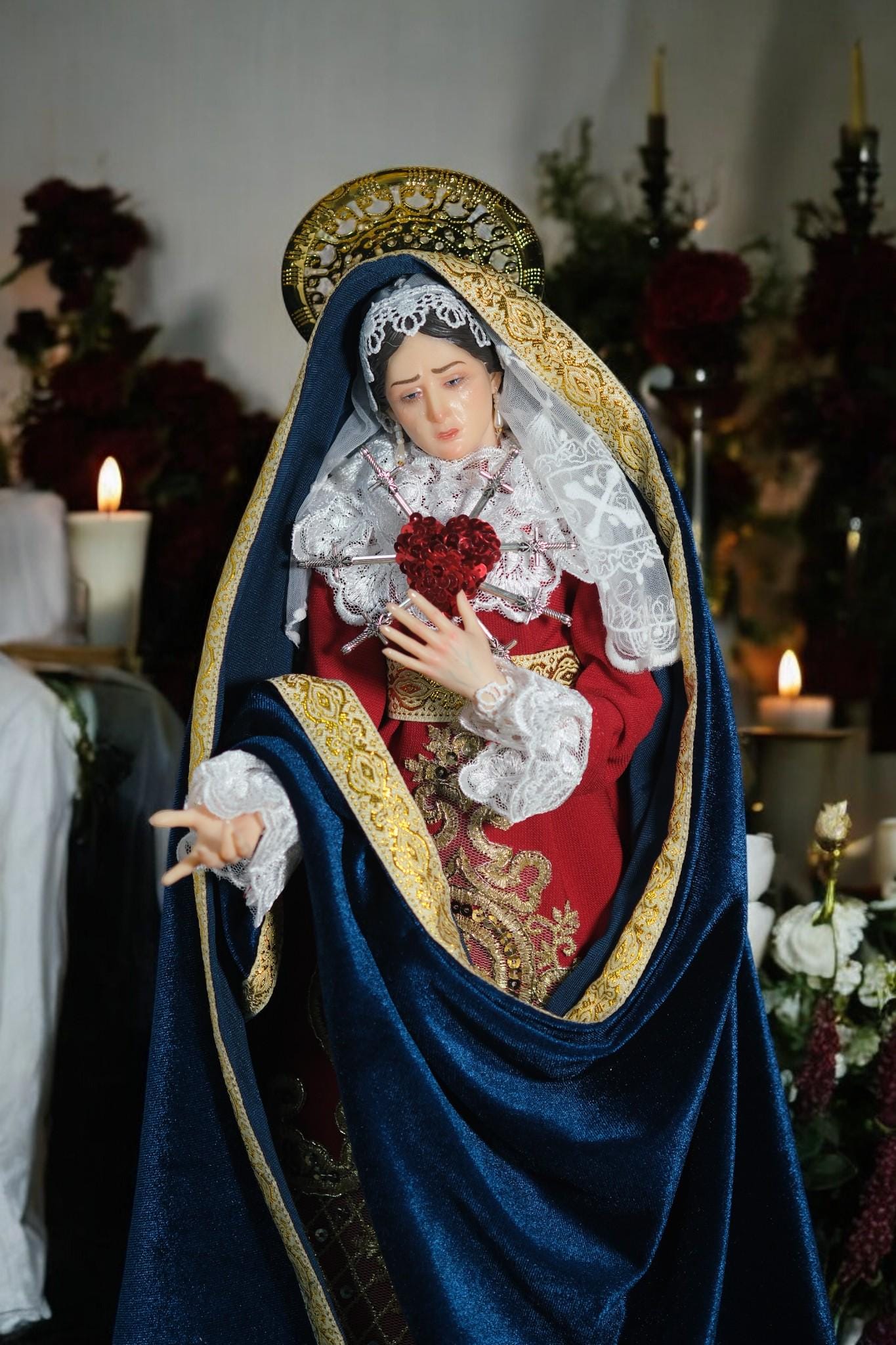 Handcrafted Our Lady of Sorrows Statue: Dressed Catholic Virgin Mary, 35cm 45 cm (etsy image id: 7404113173)