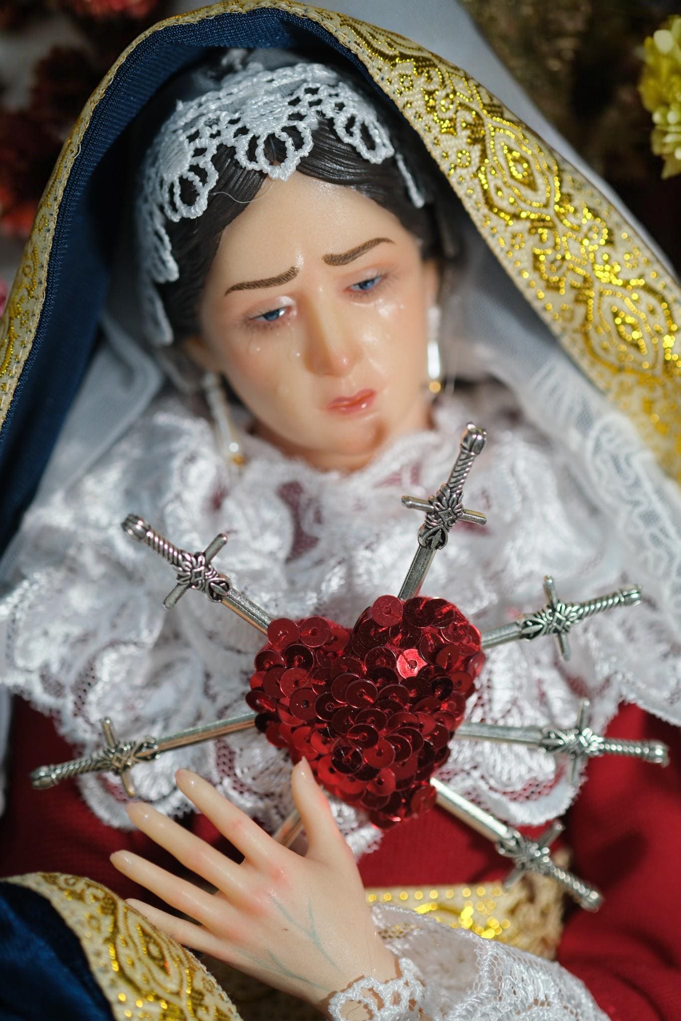 Handcrafted Our Lady of Sorrows Statue: Dressed Catholic Virgin Mary, 35cm 45 cm (etsy image id: 7404113747)