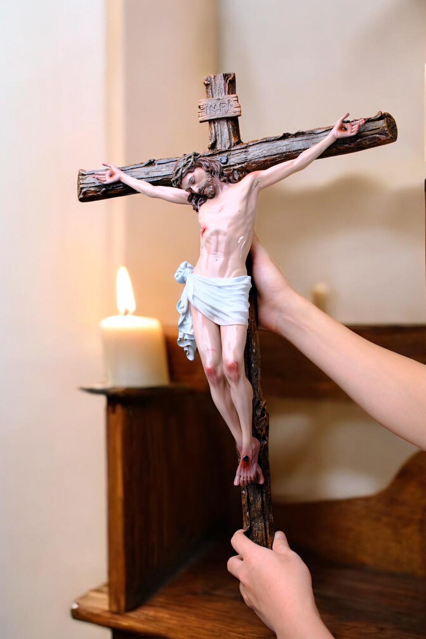 Hand-Painted Jesus Crucifix | Handmade Catholic Wall Cross (65x44cm) __etsy:7413456204
