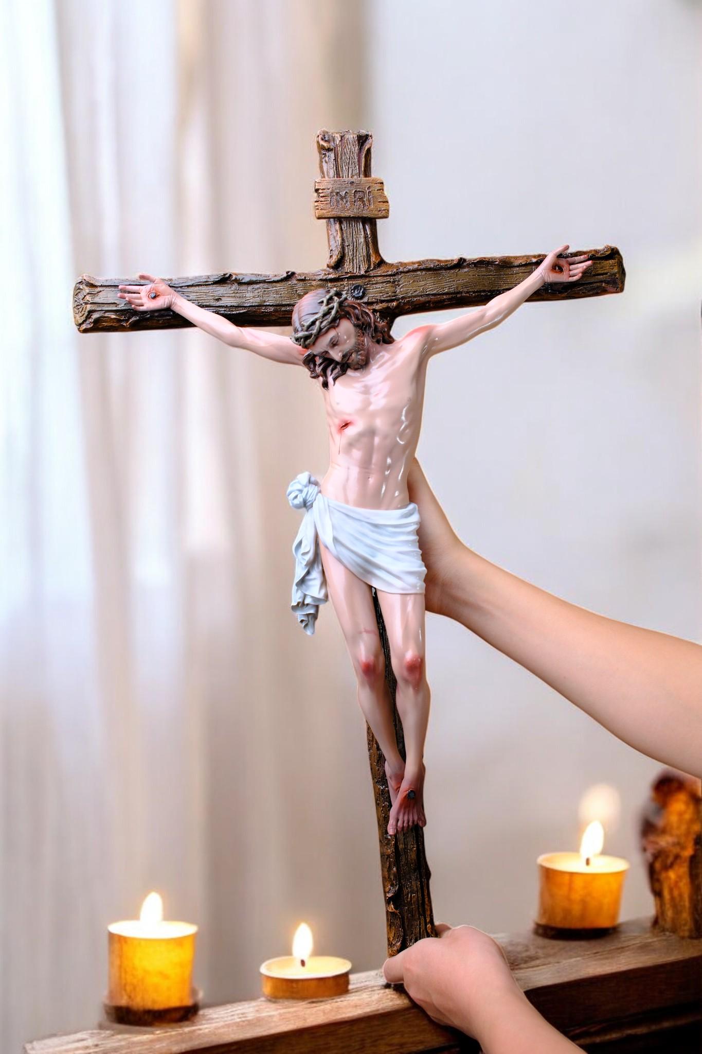 Hand-Painted Jesus Crucifix | Handmade Catholic Wall Cross (65x44cm) __etsy:7413456216