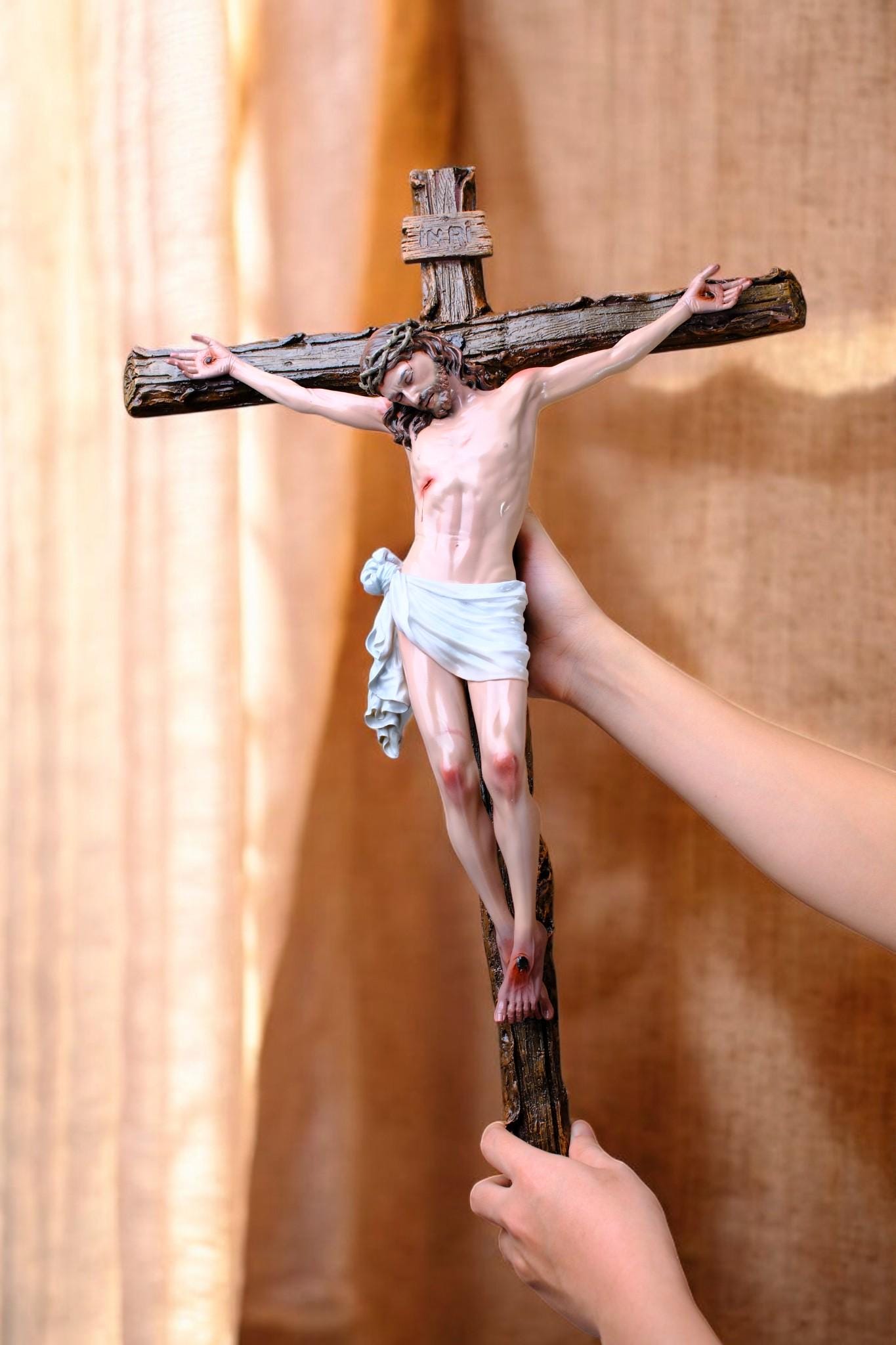 Hand-Painted Jesus Crucifix Statue: Stone Resin Antique Finish INRI Cross (etsy image id: 7413496906)