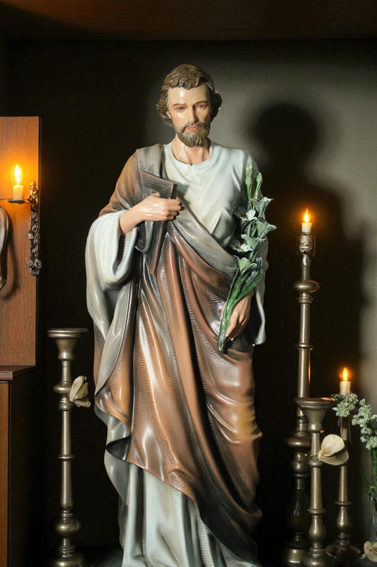 Hand-Painted Saint Joseph Statue with Lily: Antique Stone-Resin Figurine (43 cm) __etsy:7421782104