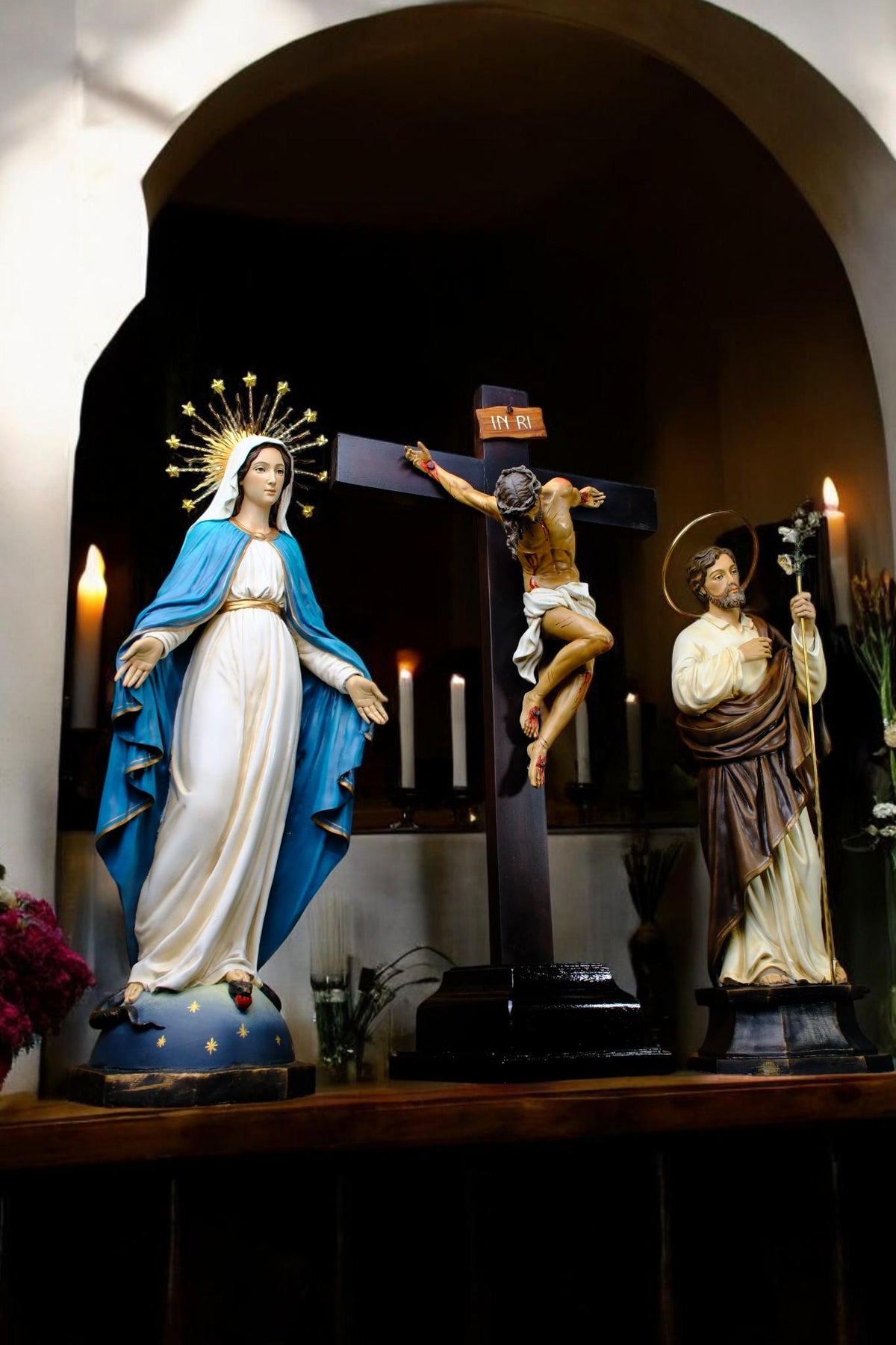 Catholic Altar Statue Set | Hand-Painted Crucifix, Virgin Mary, St Joseph __etsy:7429940827