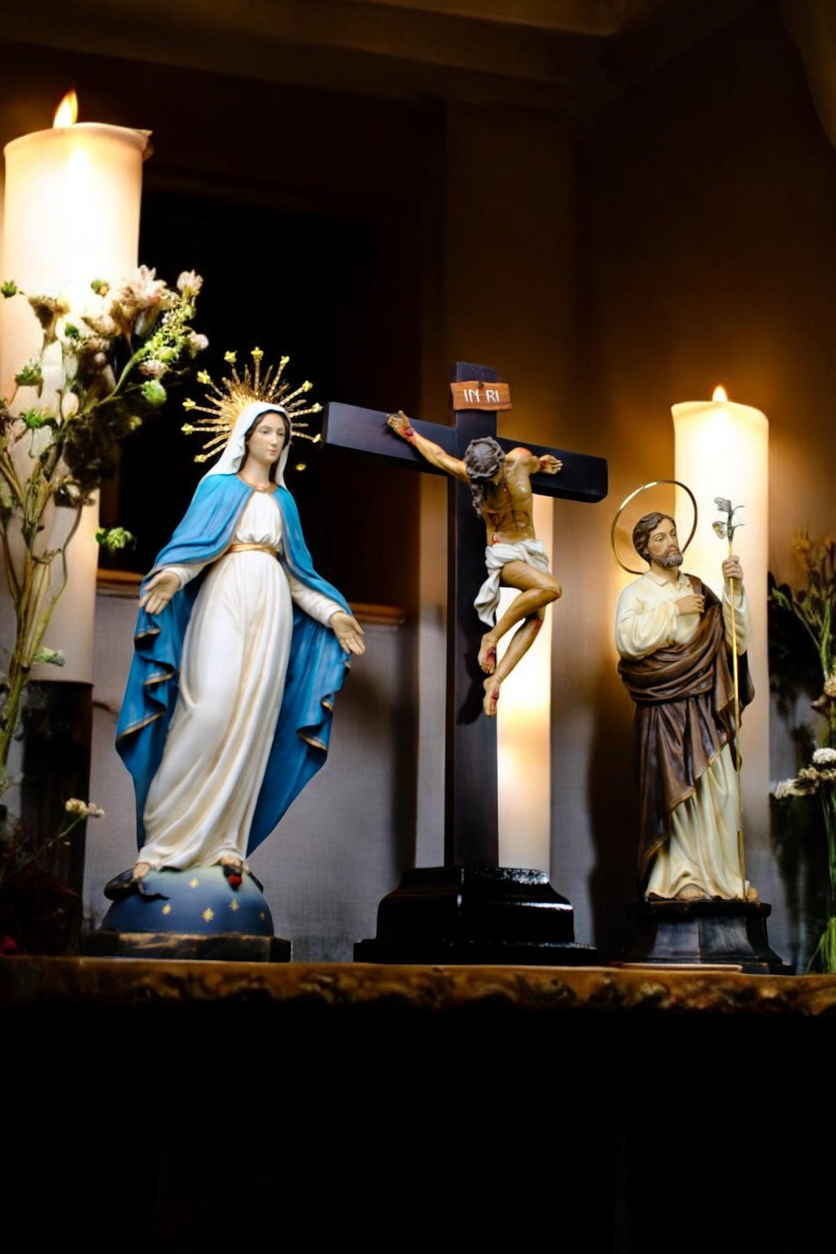Catholic Altar Statue Set | Hand-Painted Crucifix, Virgin Mary, St Joseph __etsy:7429940831