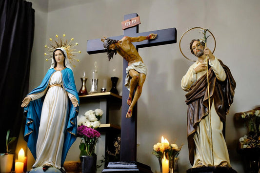 Catholic Altar Statue Set | Hand-Painted Crucifix, Virgin Mary, St Joseph