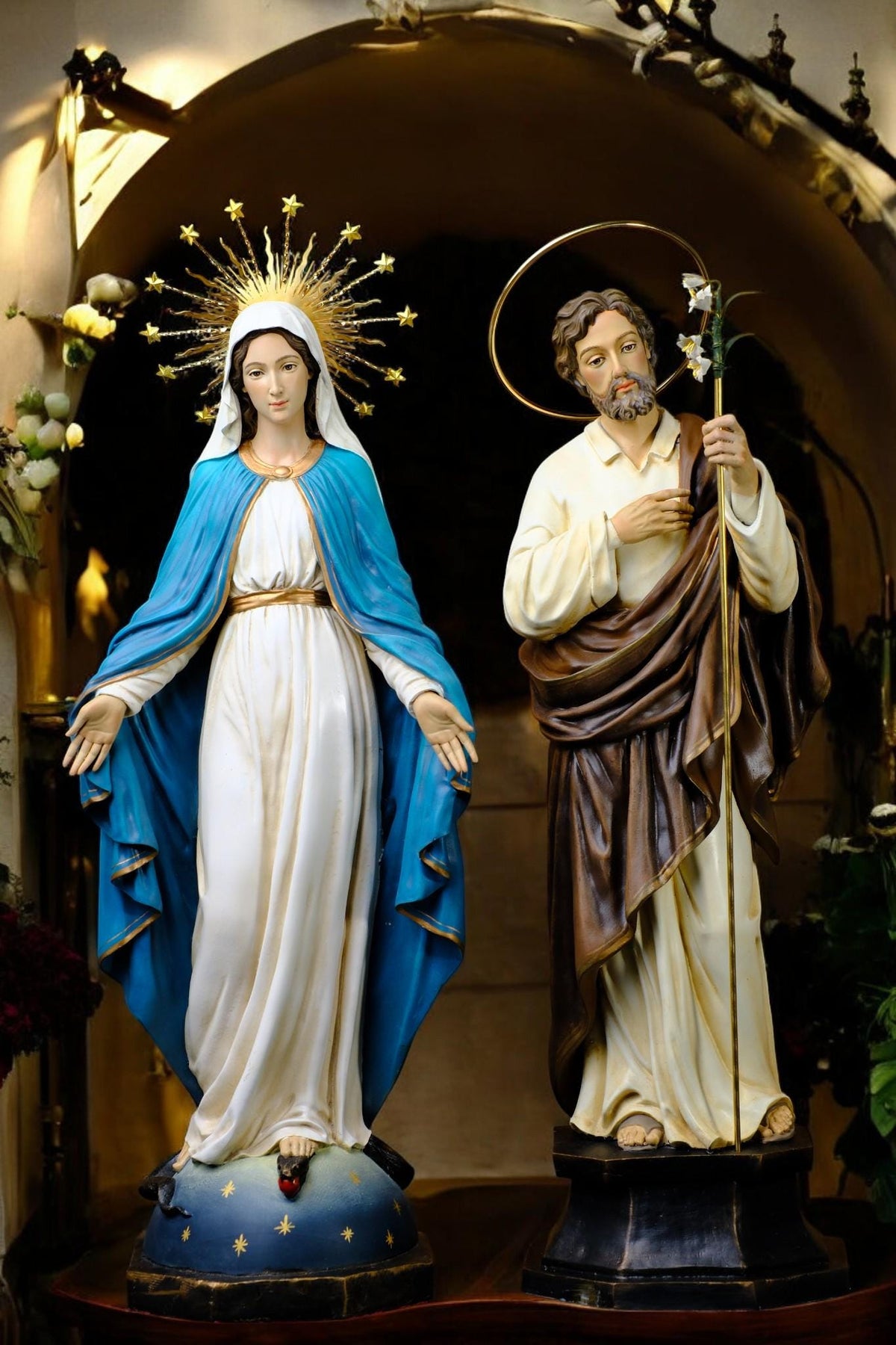 Catholic Altar Statue Set | Hand-Painted Crucifix, Virgin Mary, St Joseph __etsy:7429940841